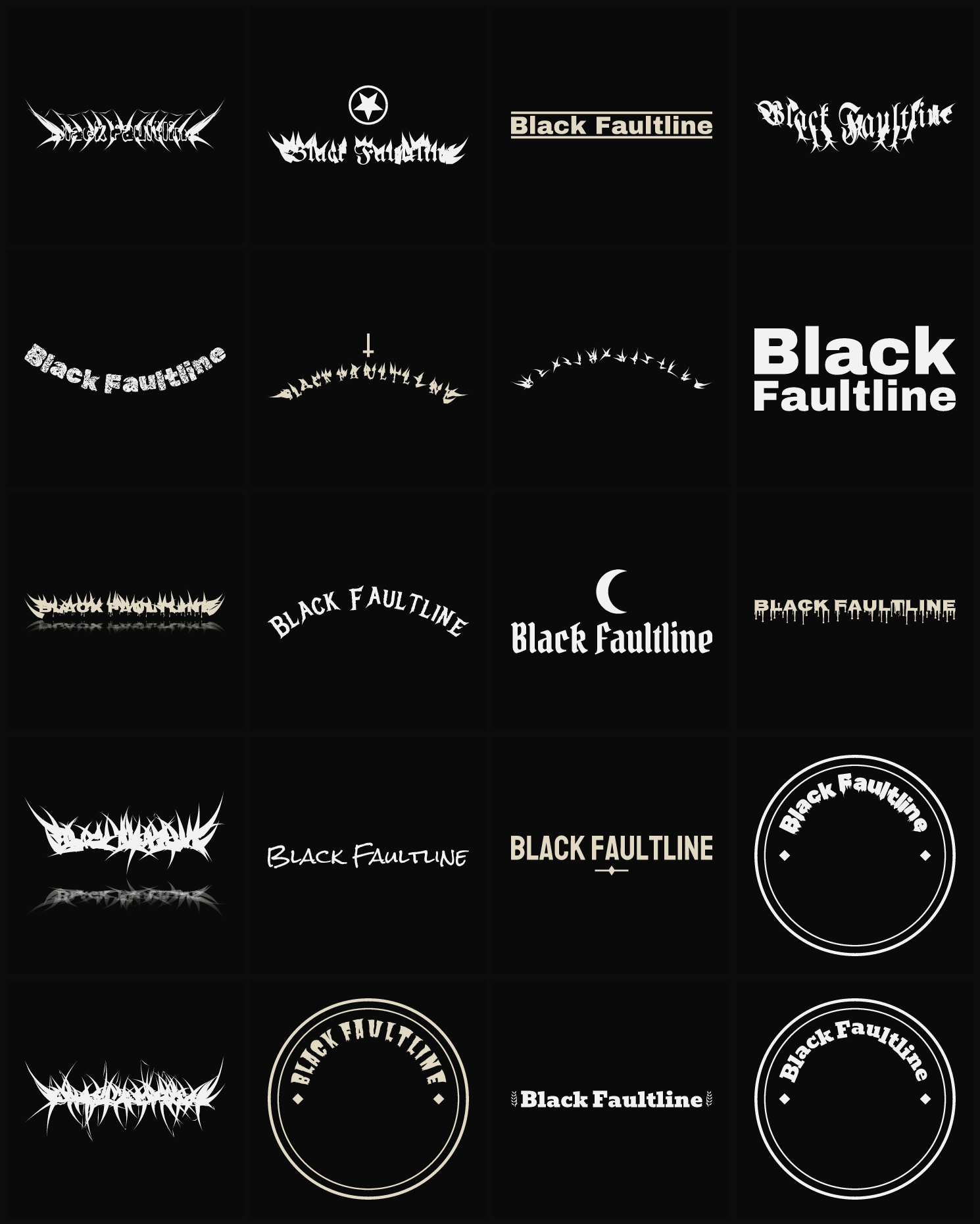 Twenty Black Faultline band logo ideas — different faces, treatments and spike settings