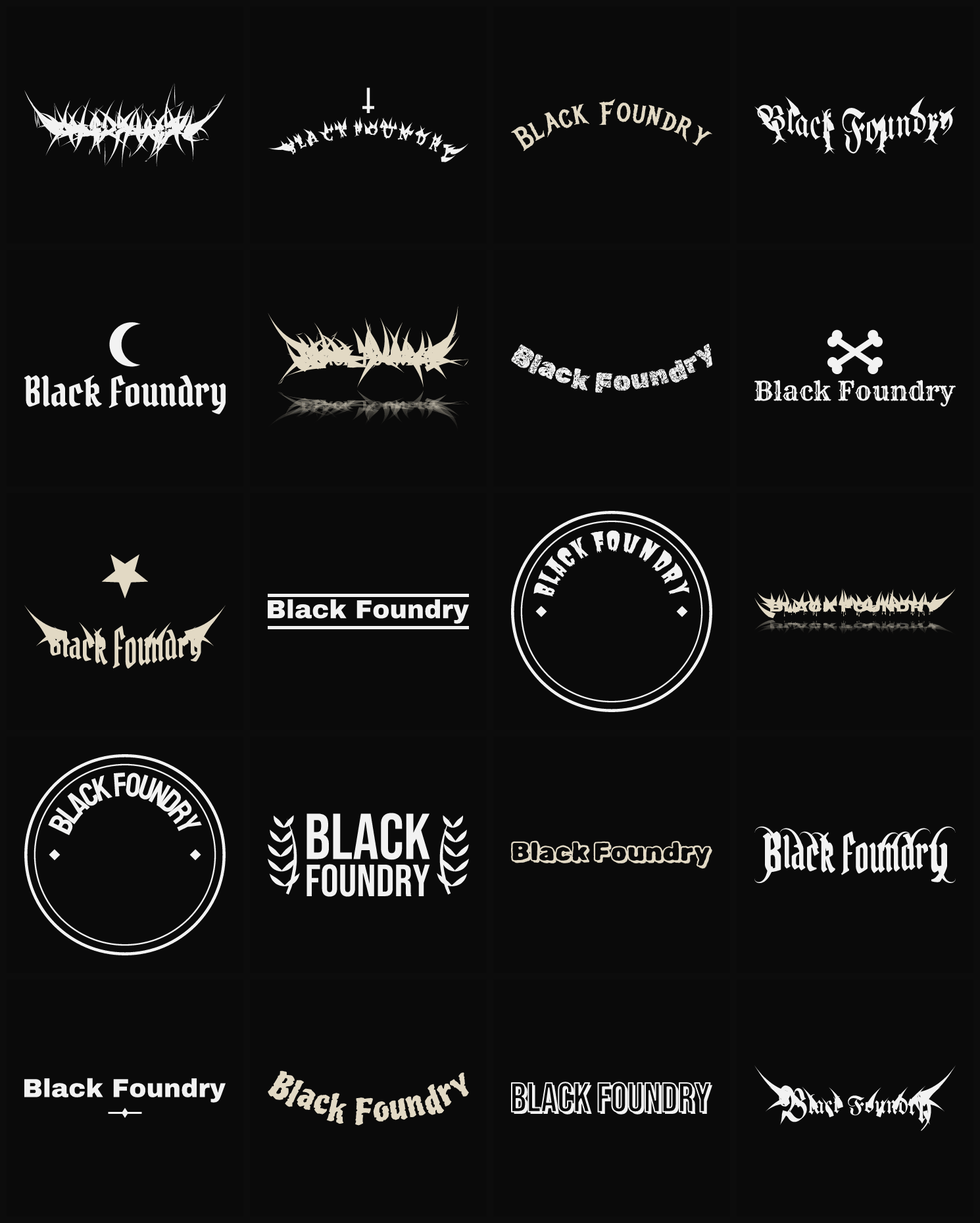 Twenty Black Foundry band logo ideas — different faces, treatments and spike settings