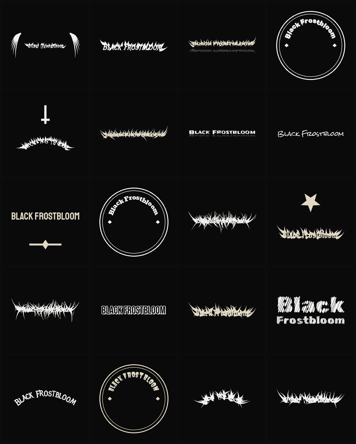 Twenty Black Frostbloom band logo ideas — different faces, treatments and spike settings