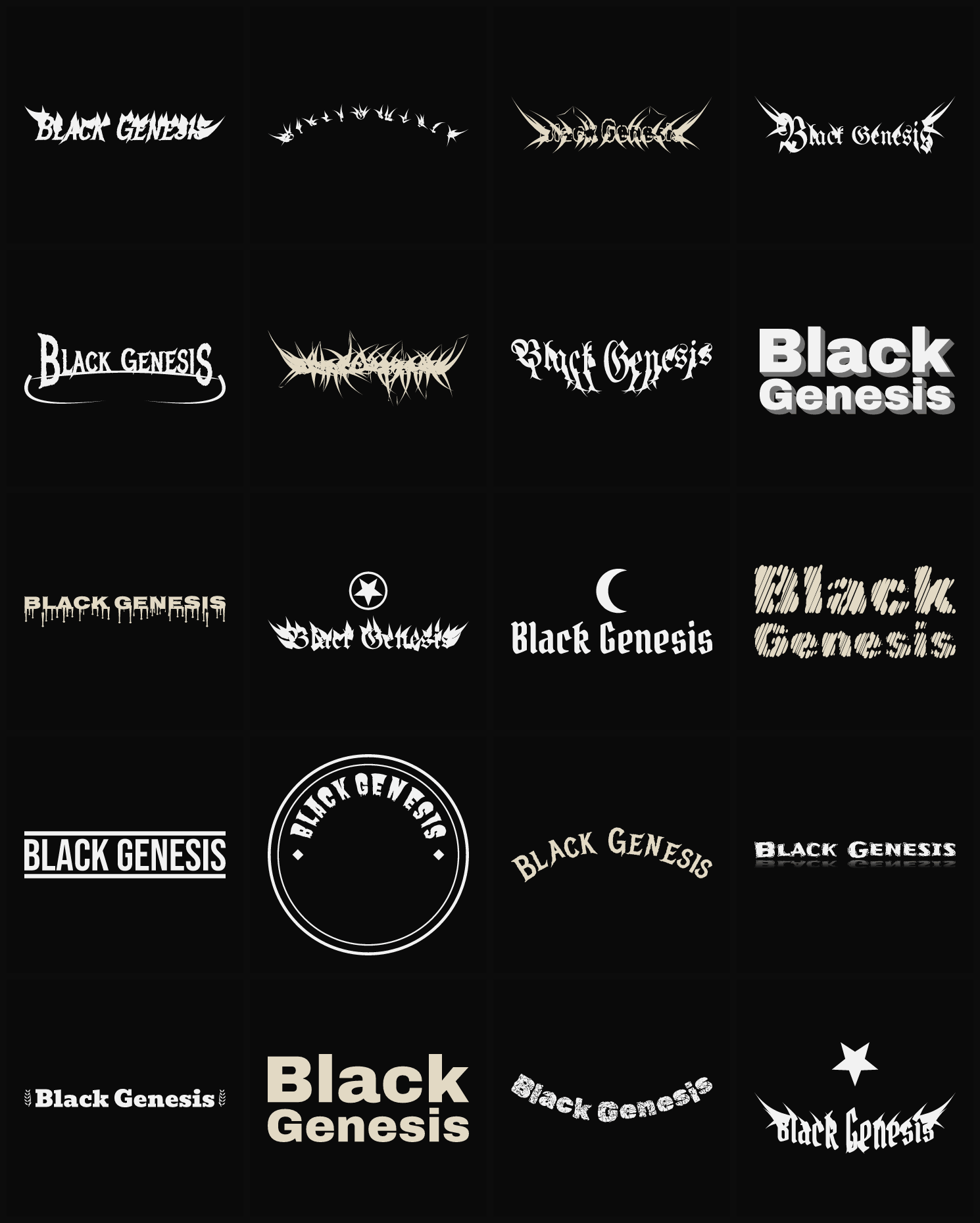 Twenty Black Genesis band logo ideas — different faces, treatments and spike settings