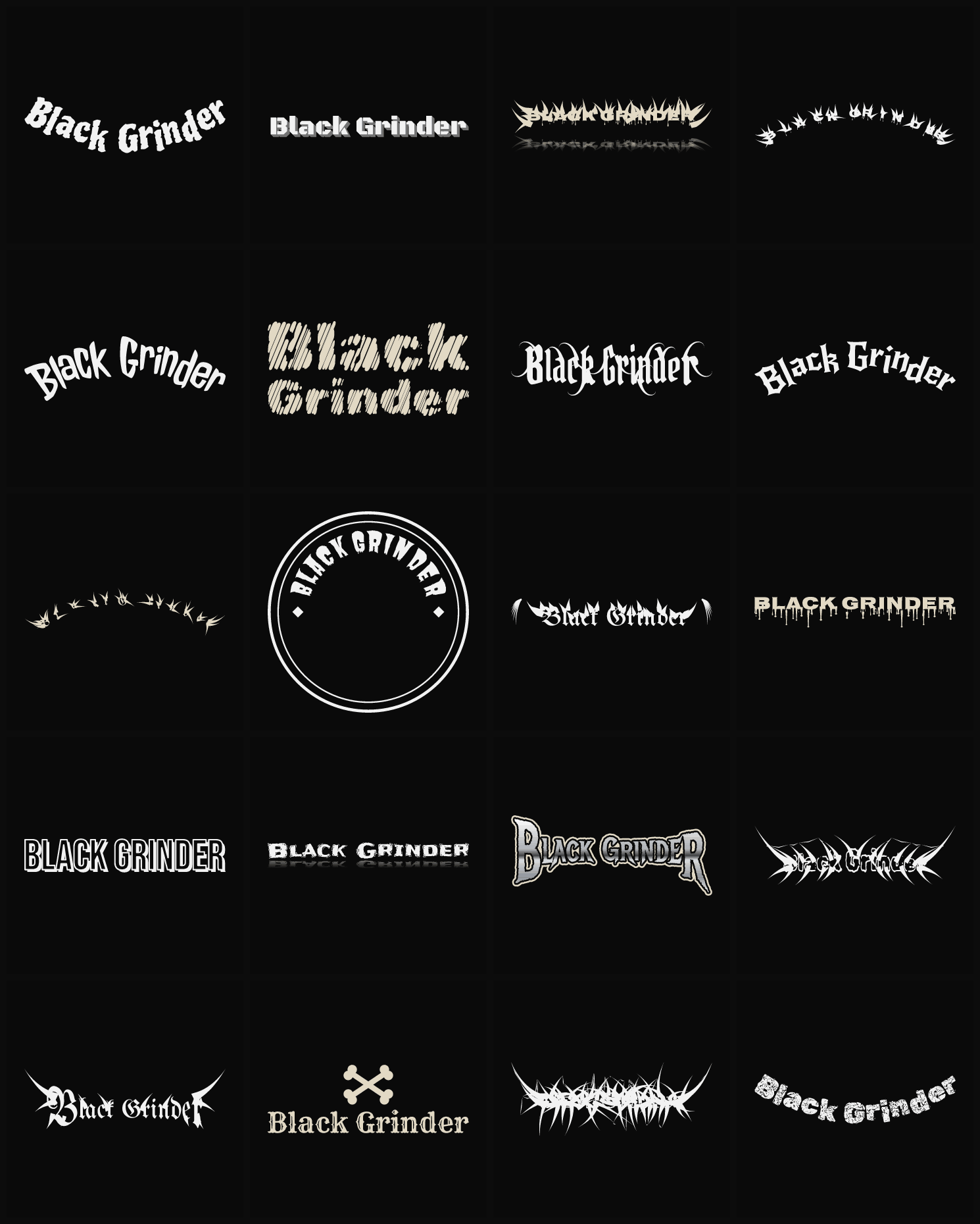 Twenty Black Grinder band logo ideas — different faces, treatments and spike settings