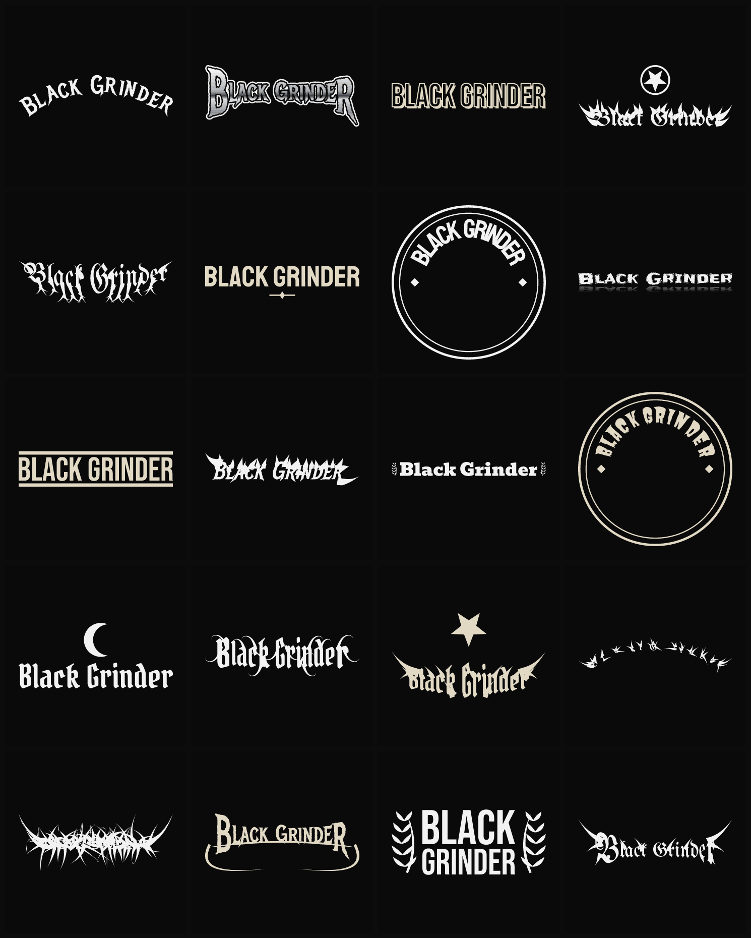 Twenty Black Grinder band logo ideas — different faces, treatments and spike settings