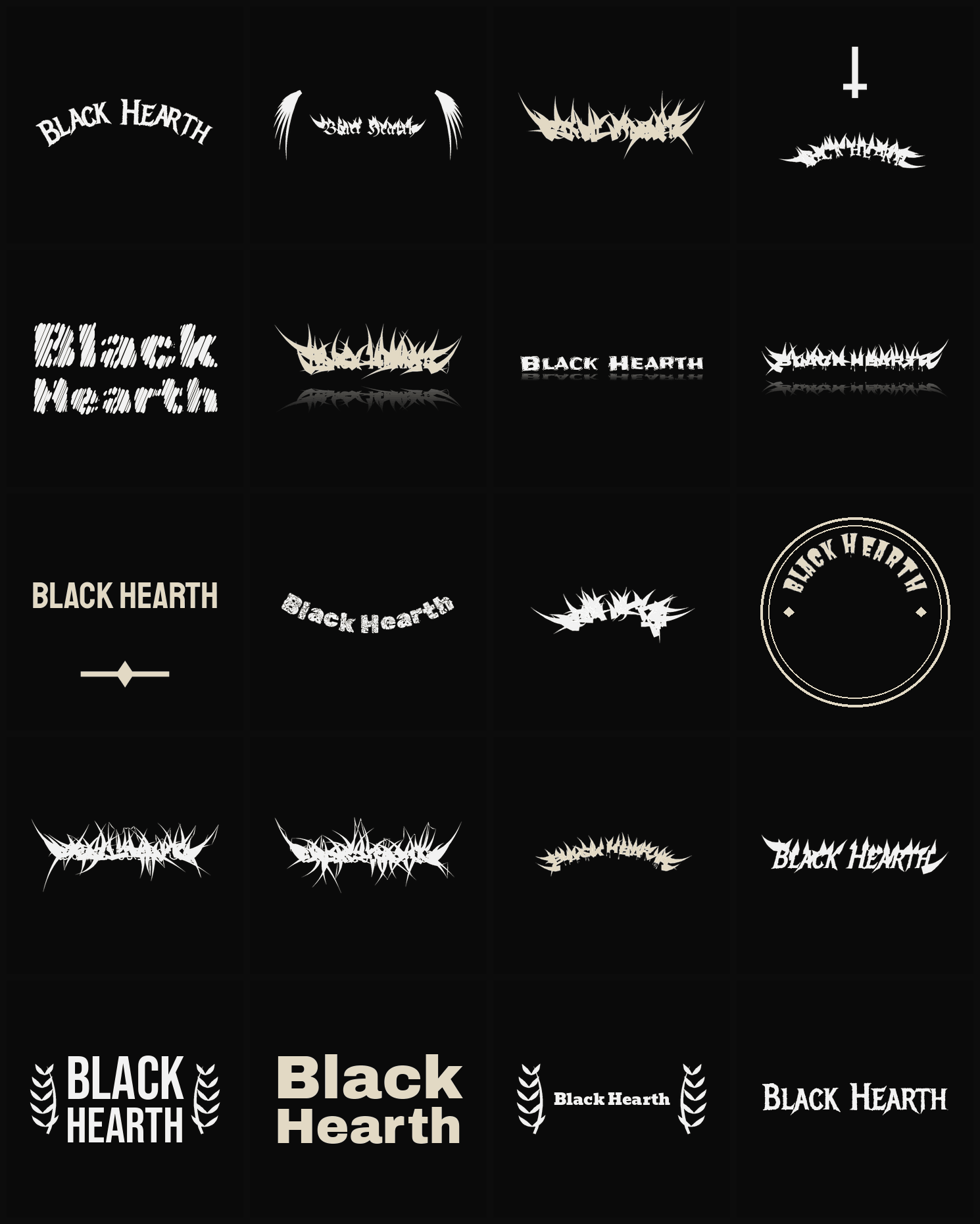 Twenty Black Hearth band logo ideas — different faces, treatments and spike settings