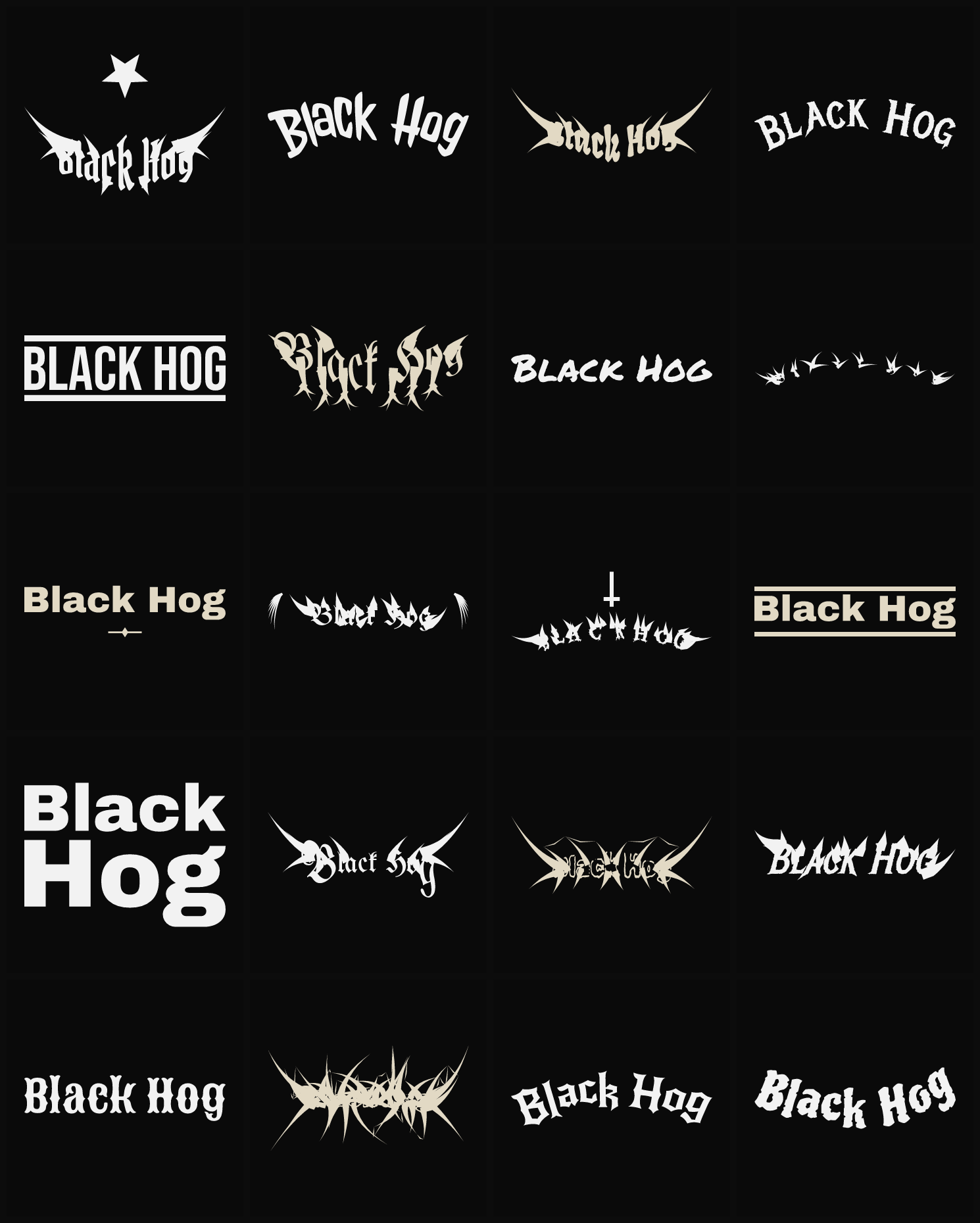 Twenty Black Hog band logo ideas — different faces, treatments and spike settings