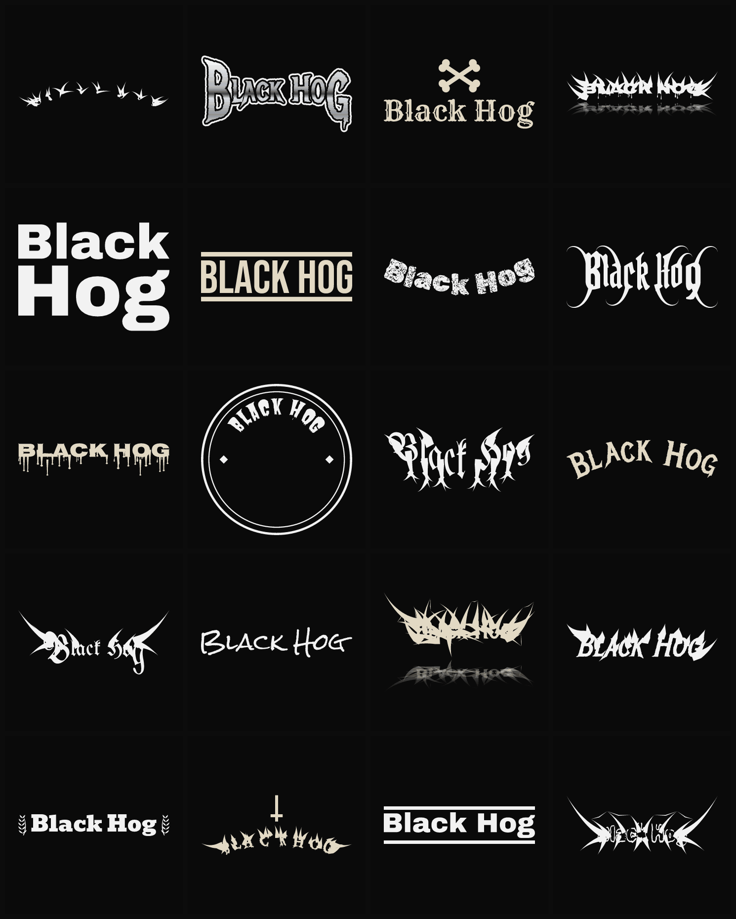 Twenty Black Hog band logo ideas — different faces, treatments and spike settings