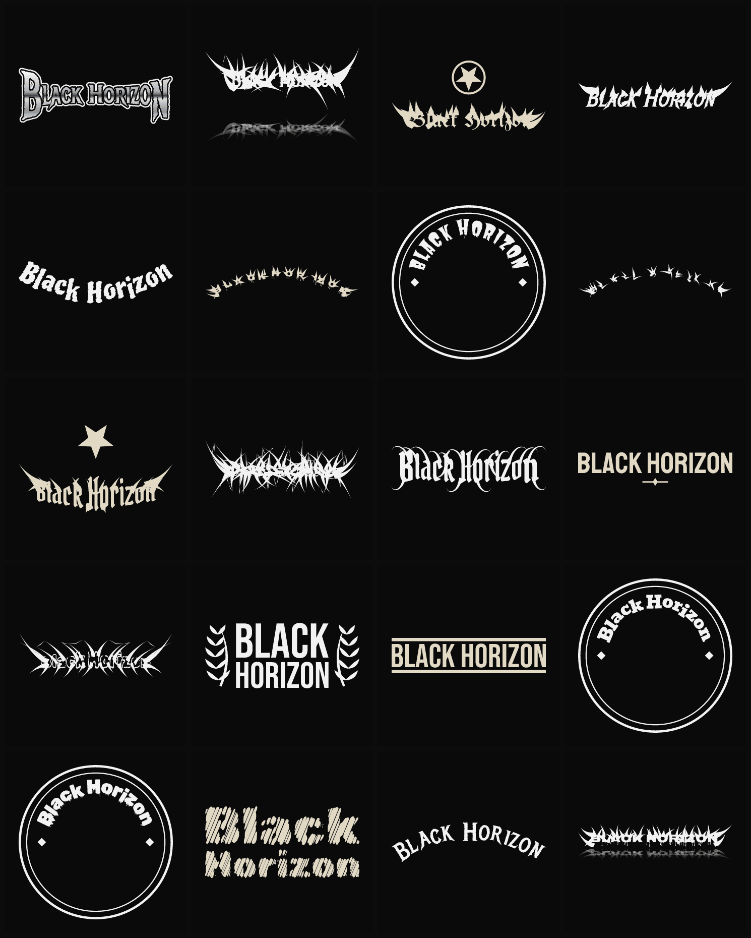 Twenty Black Horizon band logo ideas — different faces, treatments and spike settings