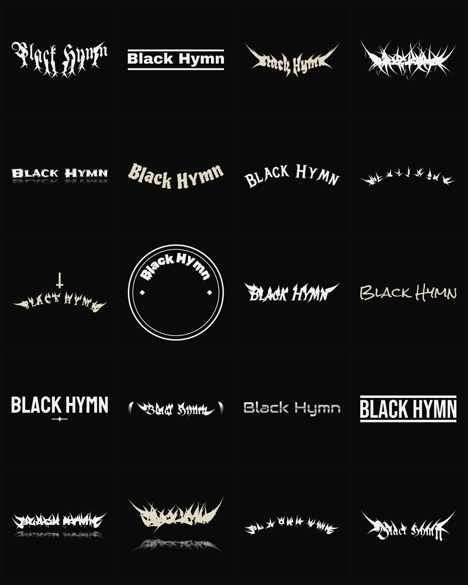 Twenty Black Hymn band logo ideas — different faces, treatments and spike settings