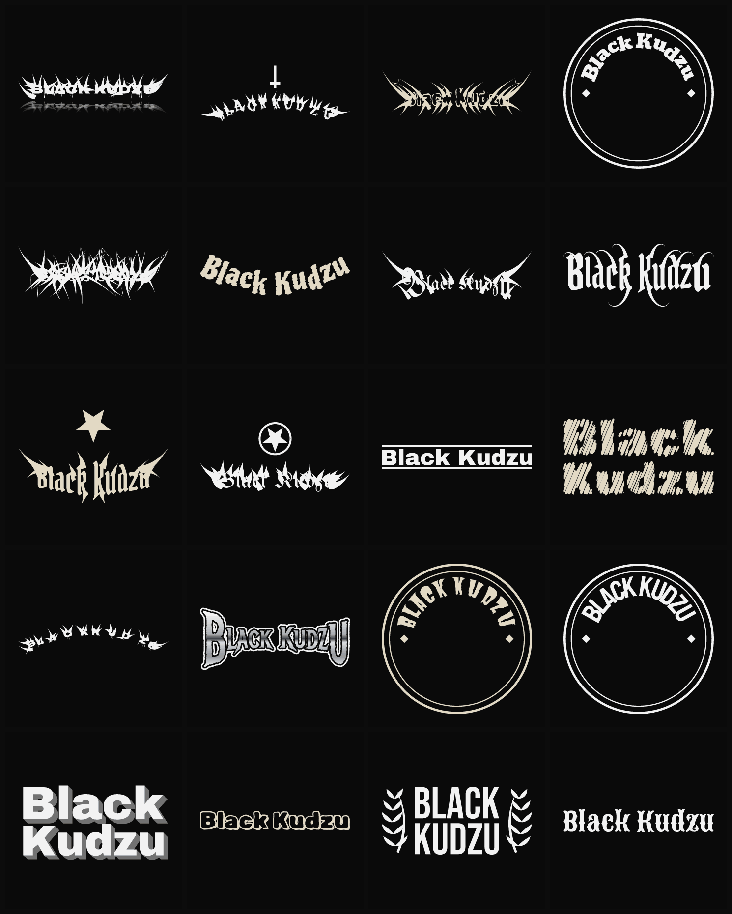 Twenty Black Kudzu band logo ideas — different faces, treatments and spike settings