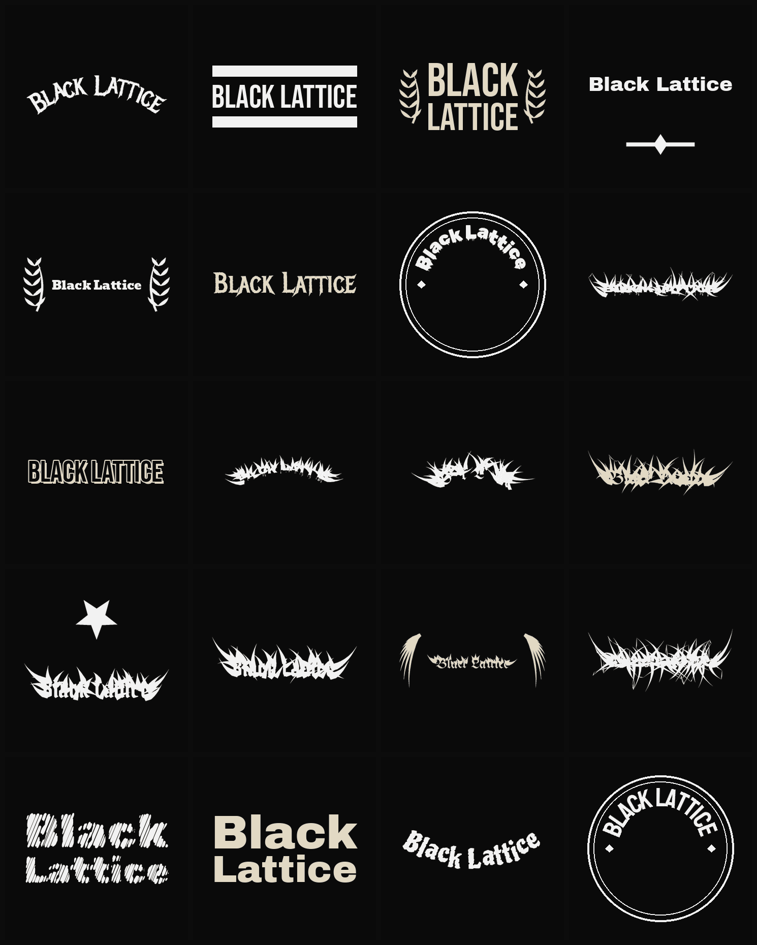 Twenty Black Lattice band logo ideas — different faces, treatments and spike settings