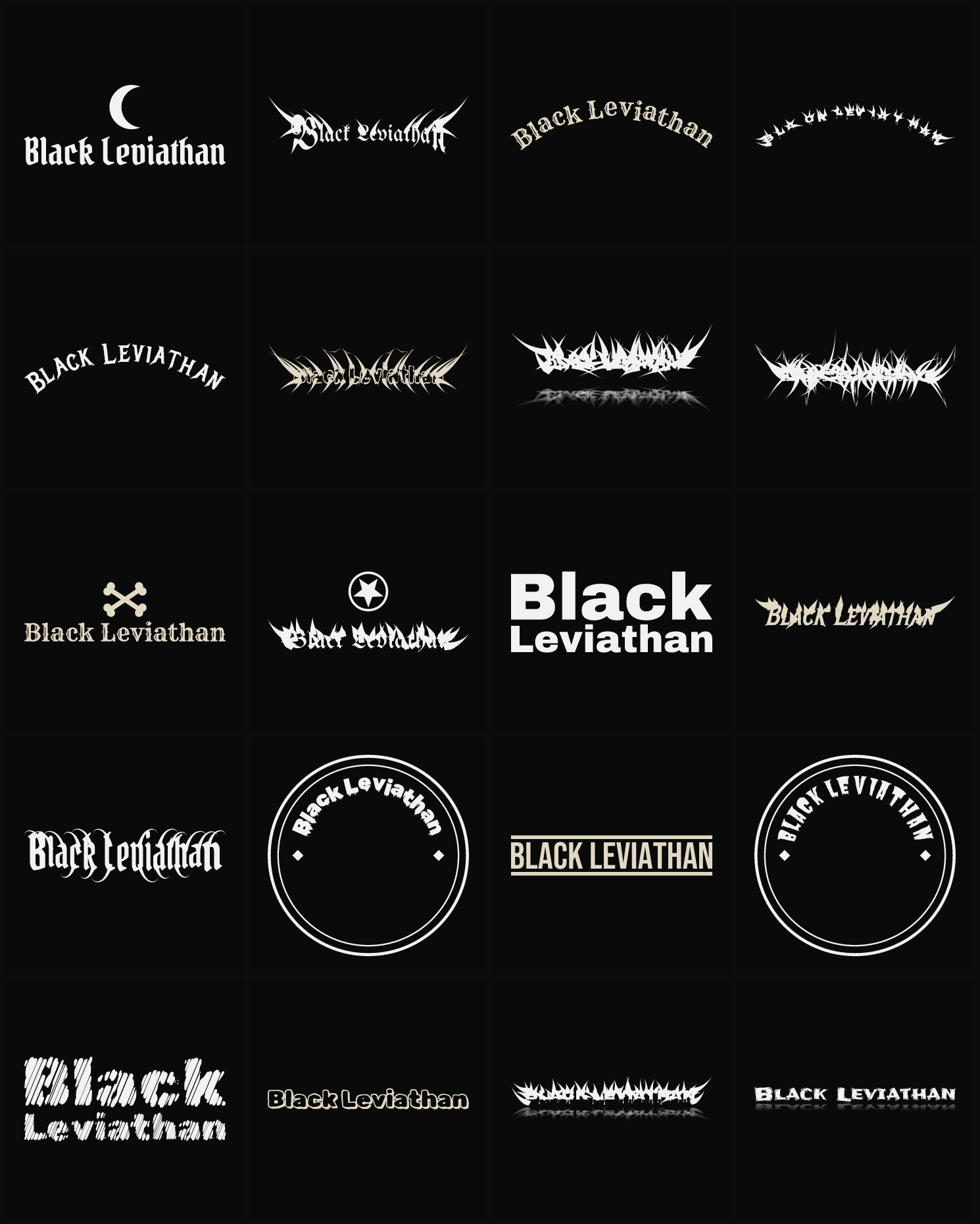 Twenty Black Leviathan band logo ideas — different faces, treatments and spike settings