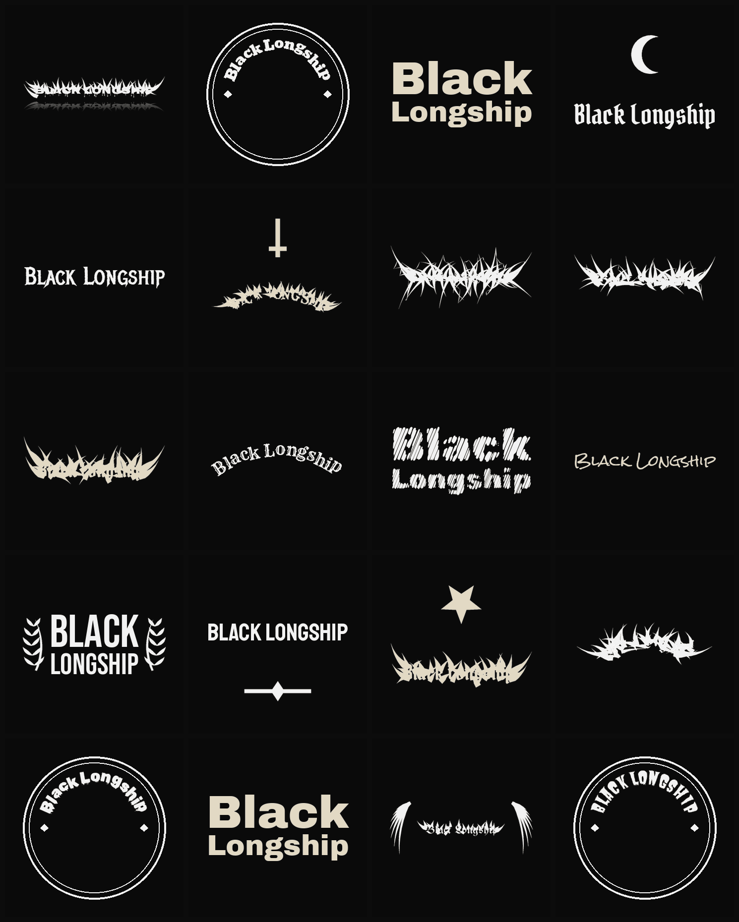 Twenty Black Longship band logo ideas — different faces, treatments and spike settings