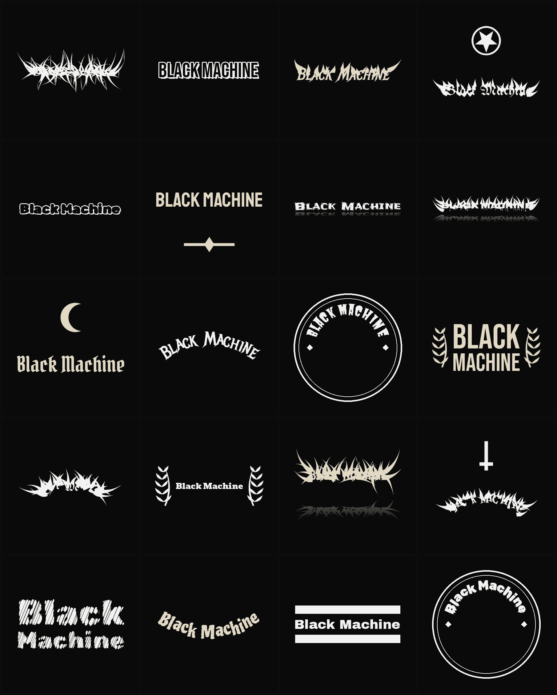 Twenty Black Machine band logo ideas — different faces, treatments and spike settings