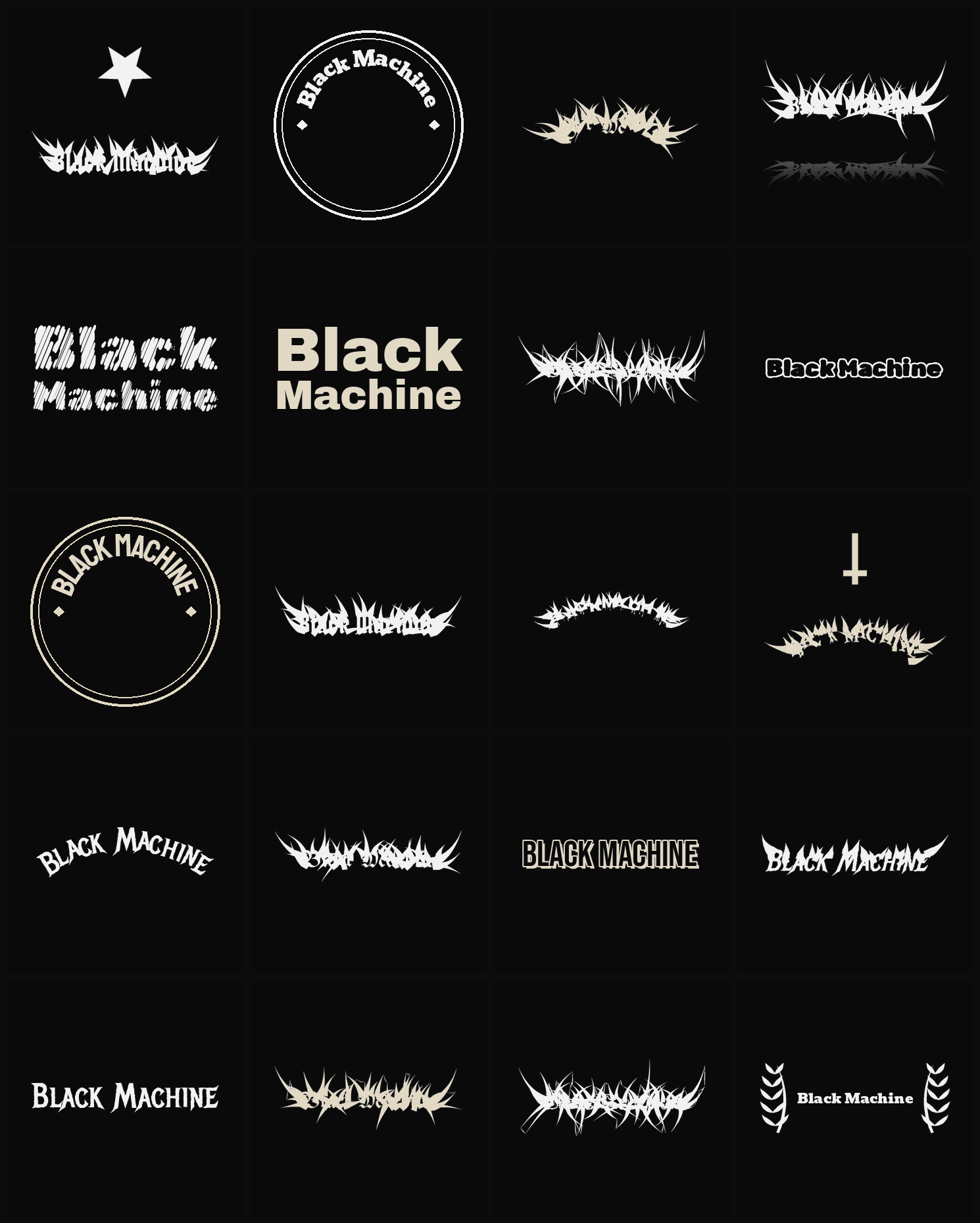 Twenty Black Machine band logo ideas — different faces, treatments and spike settings