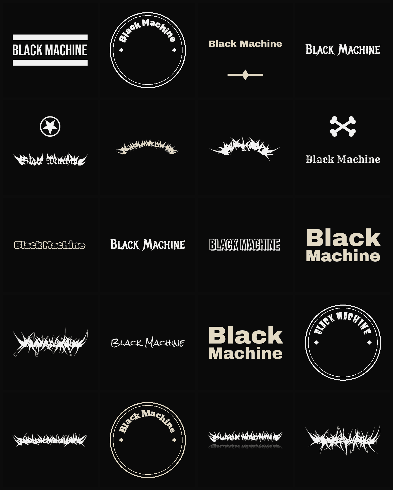 Twenty Black Machine band logo ideas — different faces, treatments and spike settings