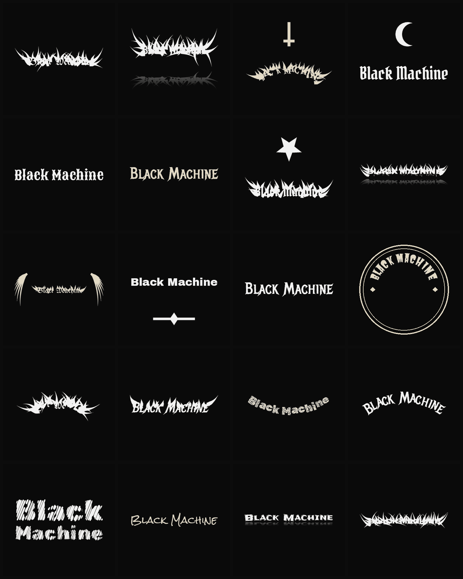 Twenty Black Machine band logo ideas — different faces, treatments and spike settings
