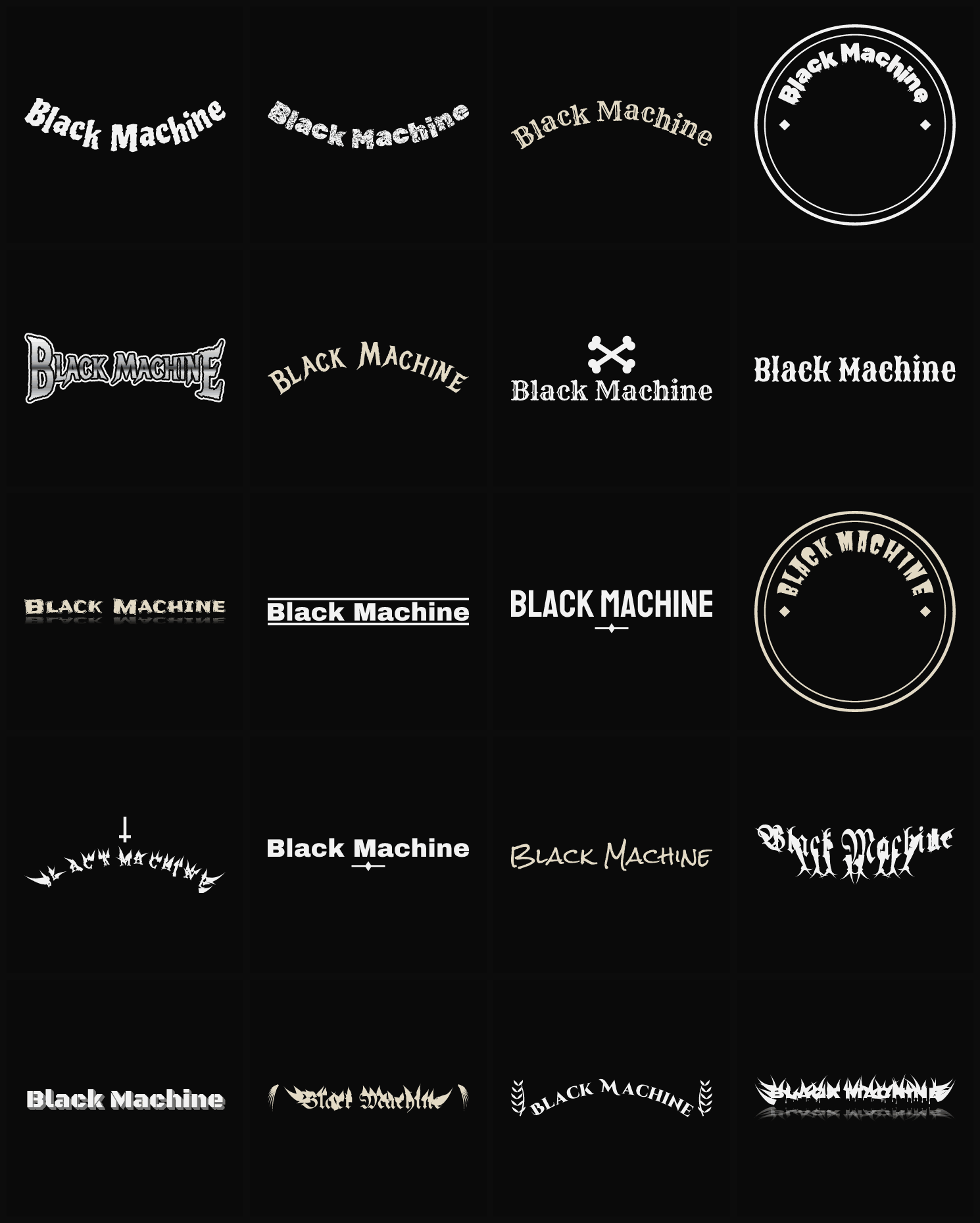 Twenty Black Machine band logo ideas — different faces, treatments and spike settings