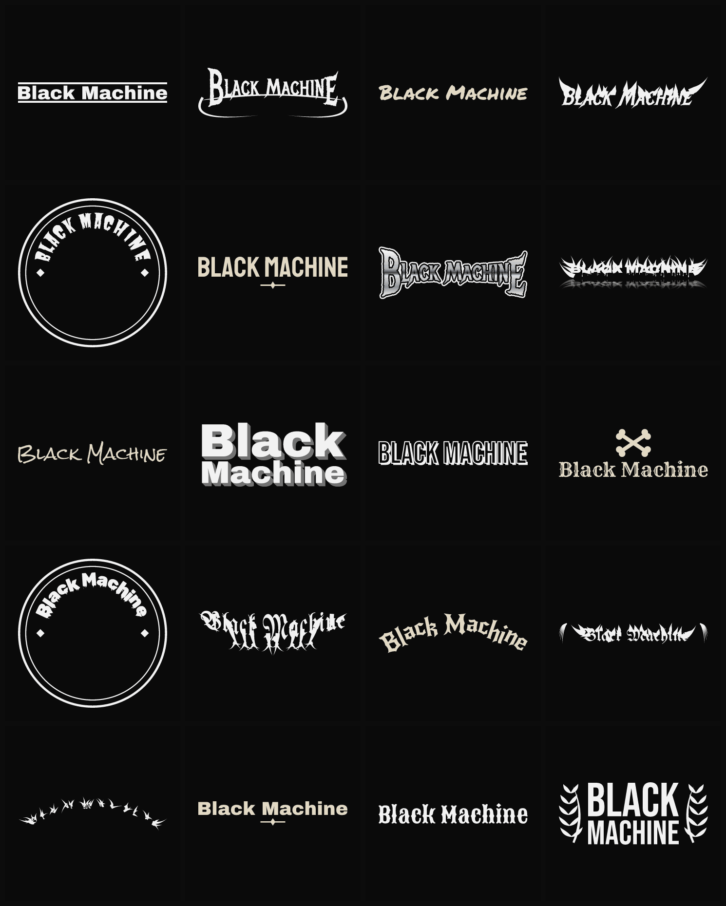 Twenty Black Machine band logo ideas — different faces, treatments and spike settings