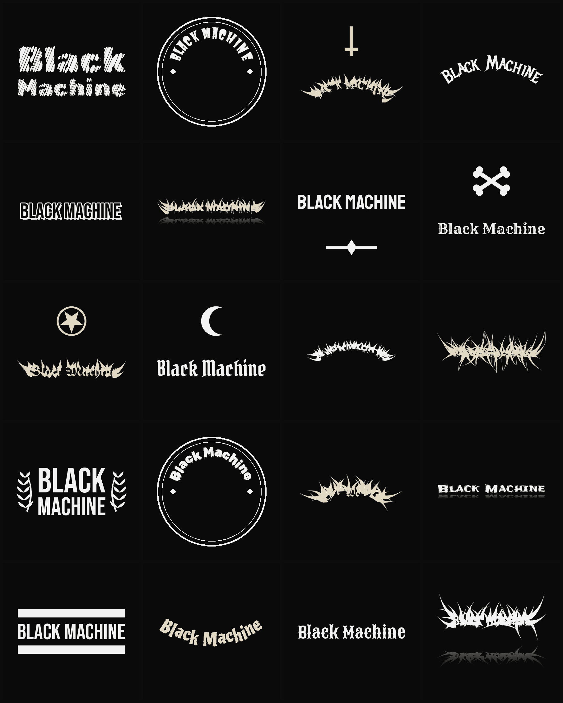 Twenty Black Machine band logo ideas — different faces, treatments and spike settings