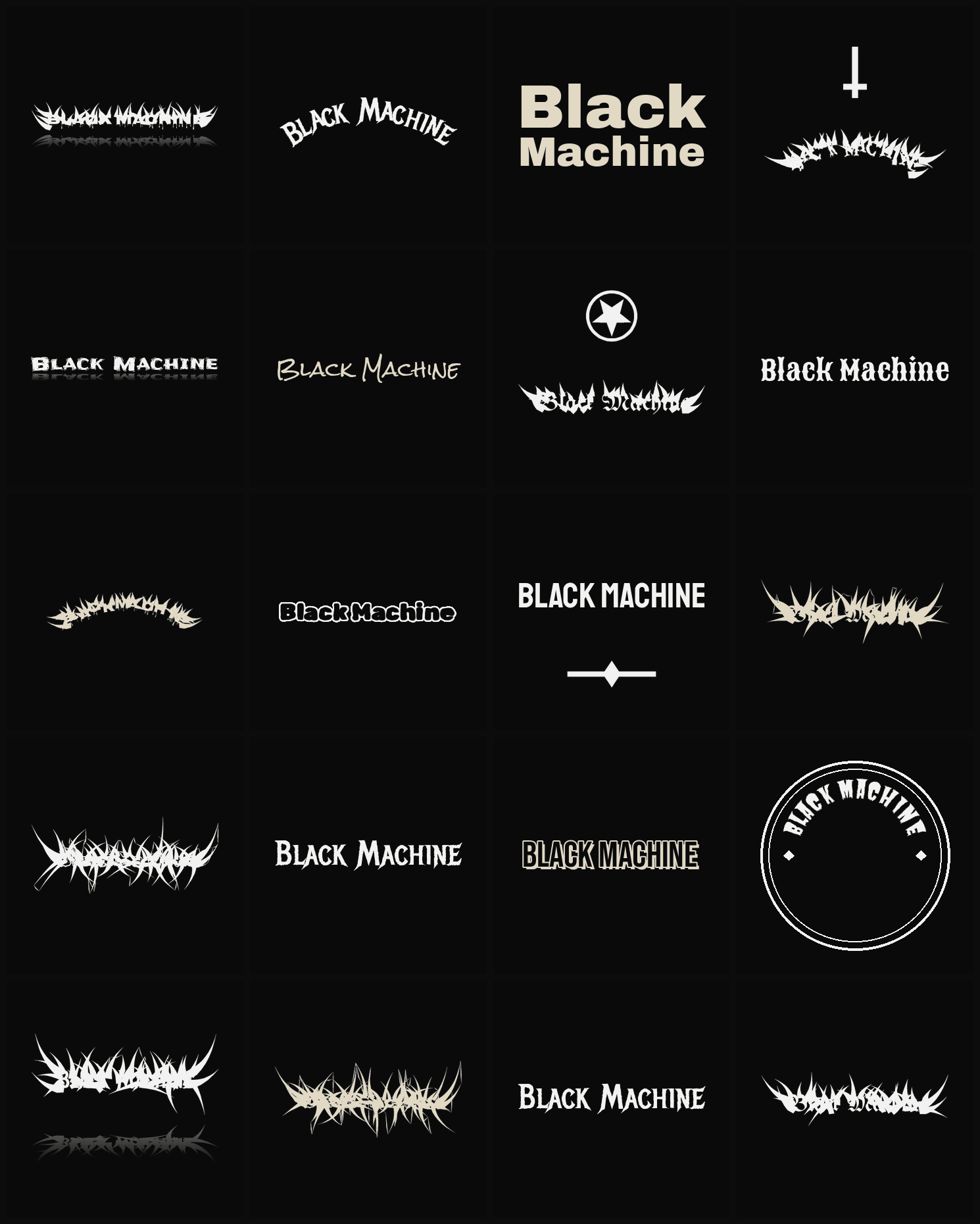 Twenty Black Machine band logo ideas — different faces, treatments and spike settings