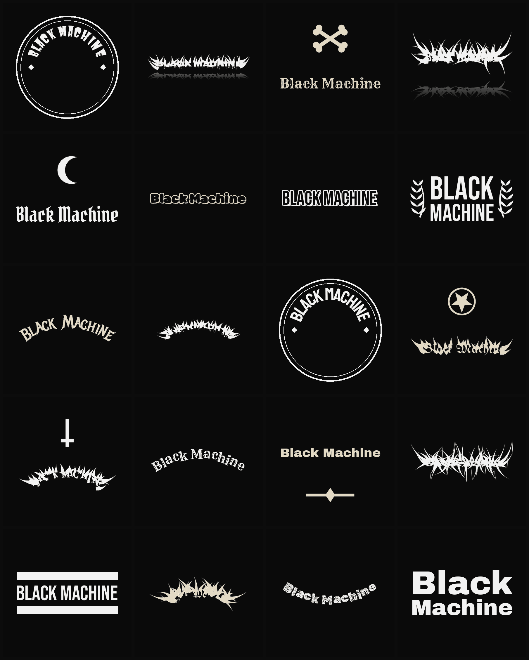Twenty Black Machine band logo ideas — different faces, treatments and spike settings