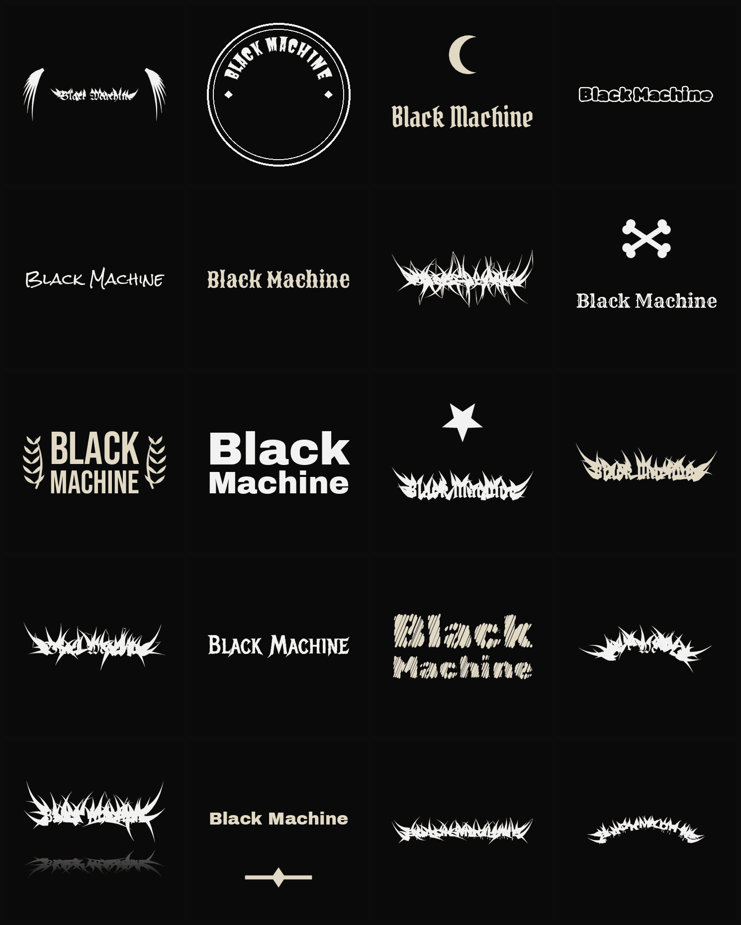 Twenty Black Machine band logo ideas — different faces, treatments and spike settings