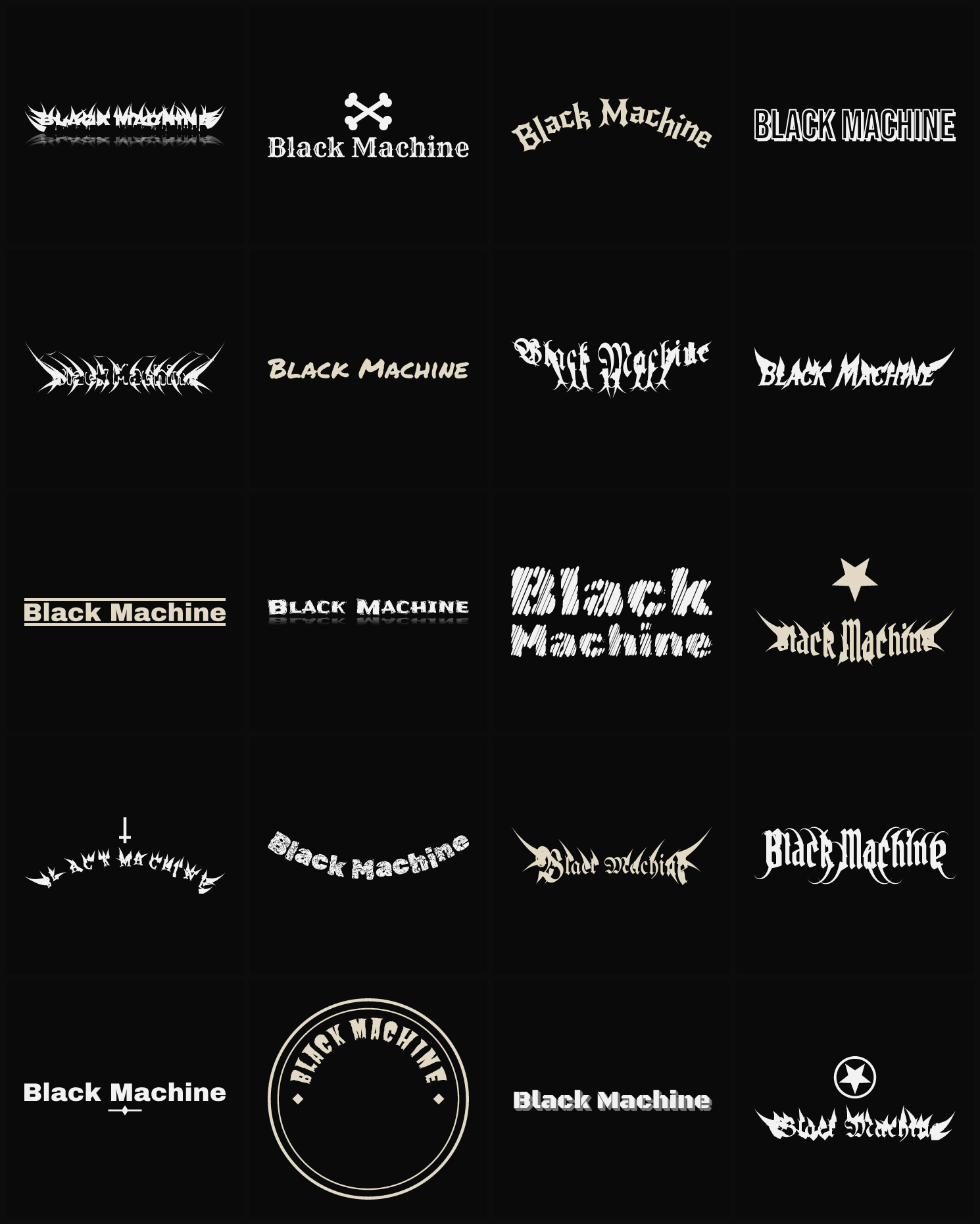 Twenty Black Machine band logo ideas — different faces, treatments and spike settings