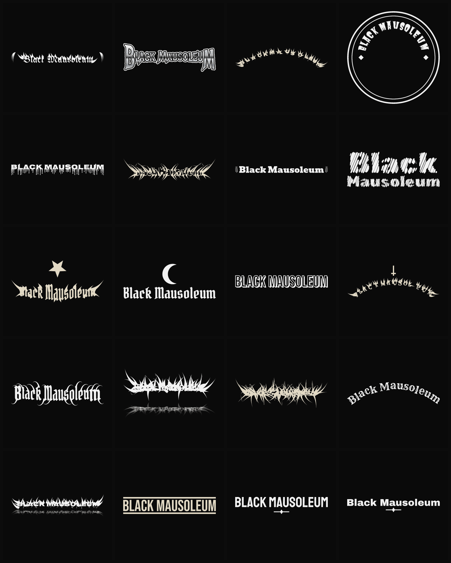 Twenty Black Mausoleum band logo ideas — different faces, treatments and spike settings