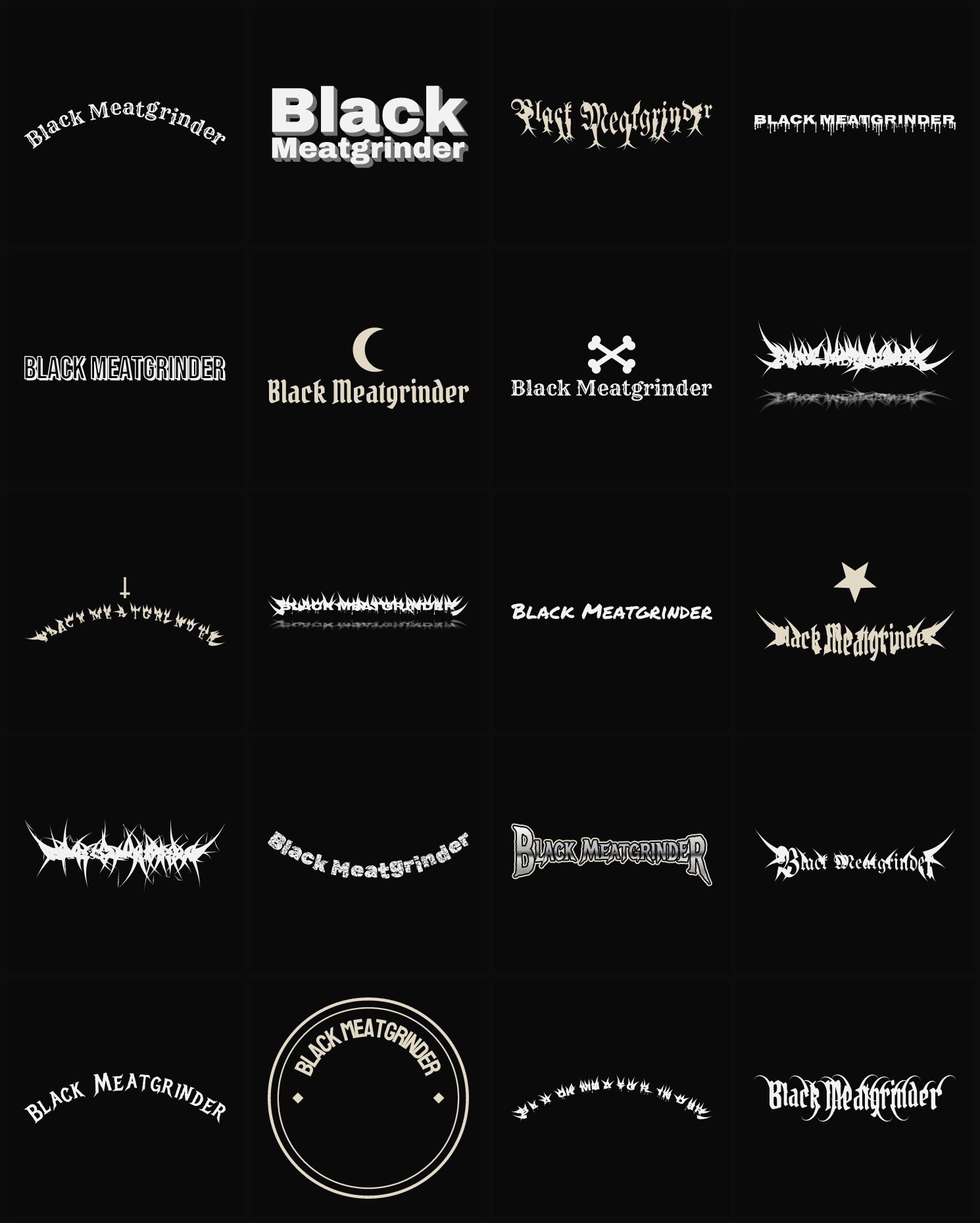 Twenty Black Meatgrinder band logo ideas — different faces, treatments and spike settings