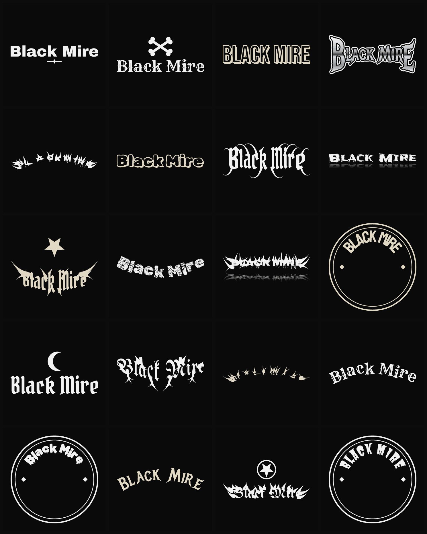 Twenty Black Mire band logo ideas — different faces, treatments and spike settings