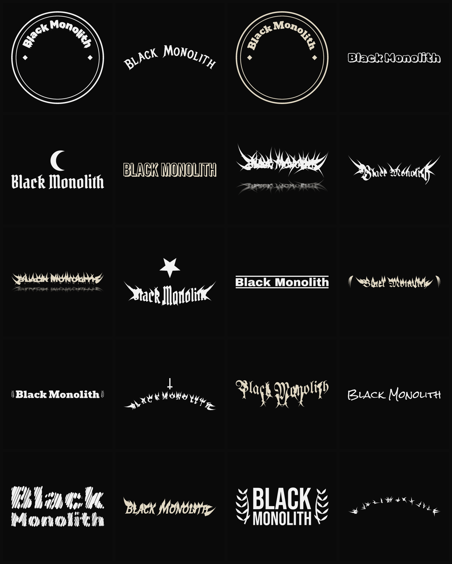 Twenty Black Monolith band logo ideas — different faces, treatments and spike settings
