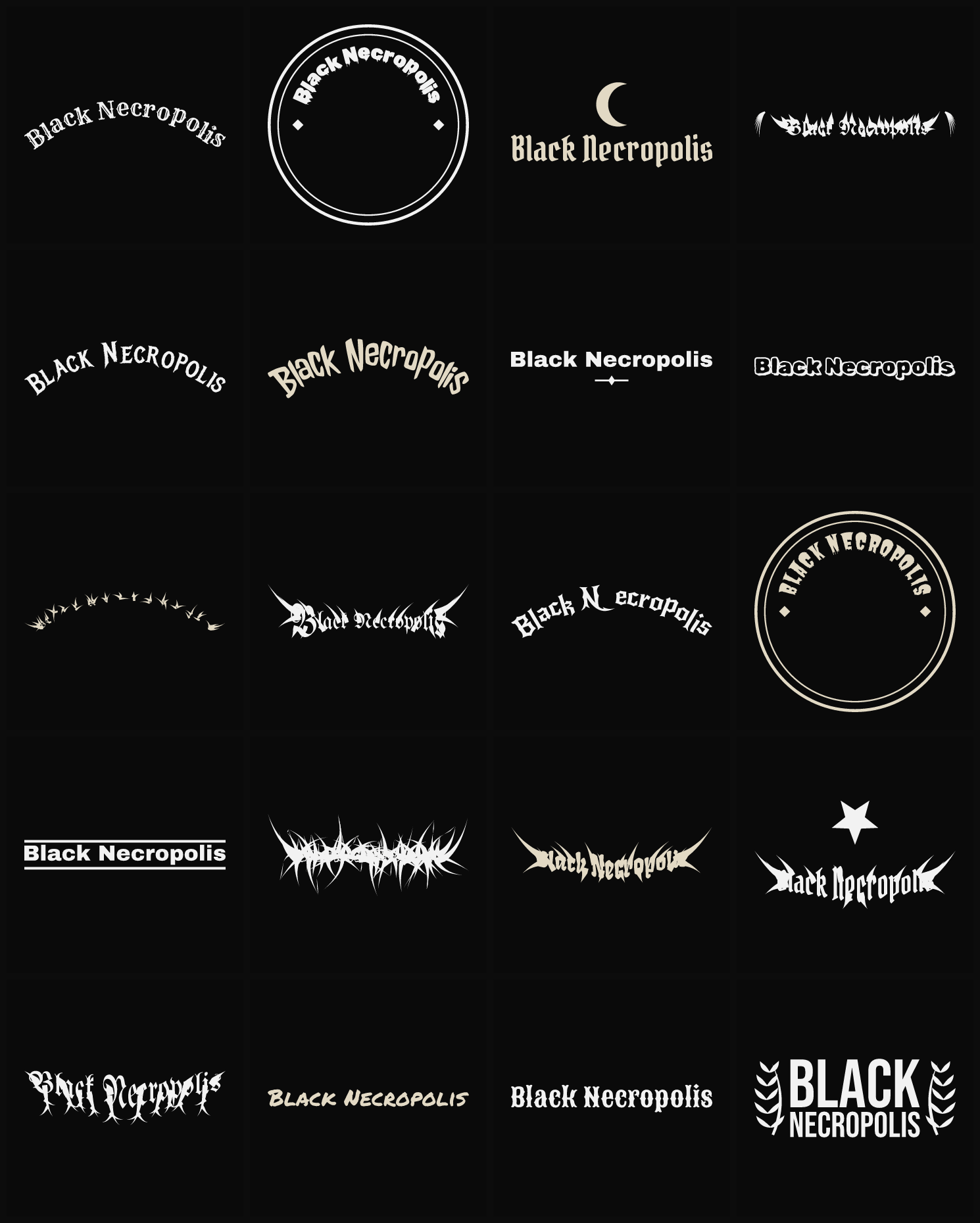 Twenty Black Necropolis band logo ideas — different faces, treatments and spike settings