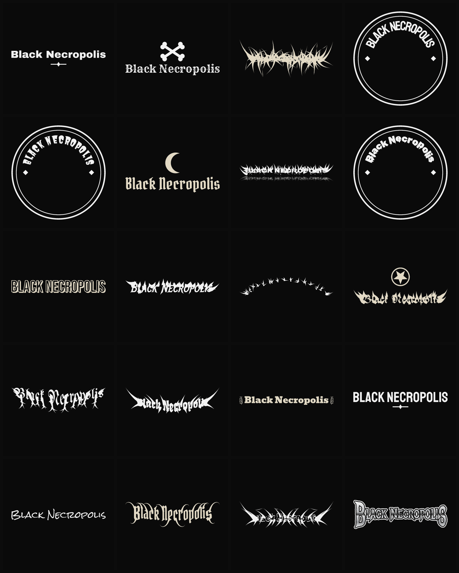 Twenty Black Necropolis band logo ideas — different faces, treatments and spike settings