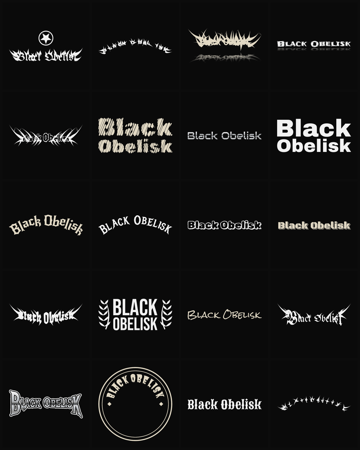 Twenty Black Obelisk band logo ideas — different faces, treatments and spike settings