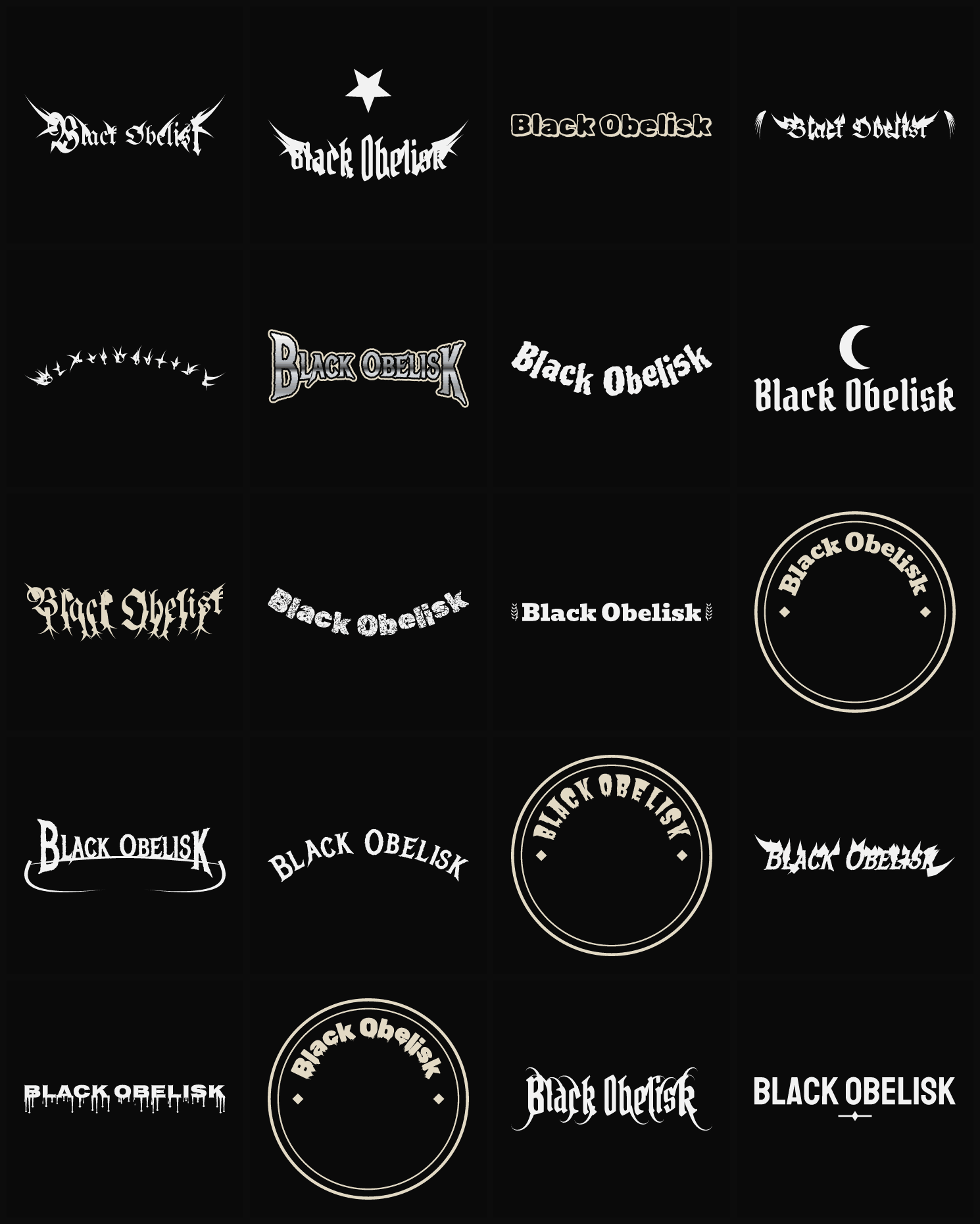 Twenty Black Obelisk band logo ideas — different faces, treatments and spike settings