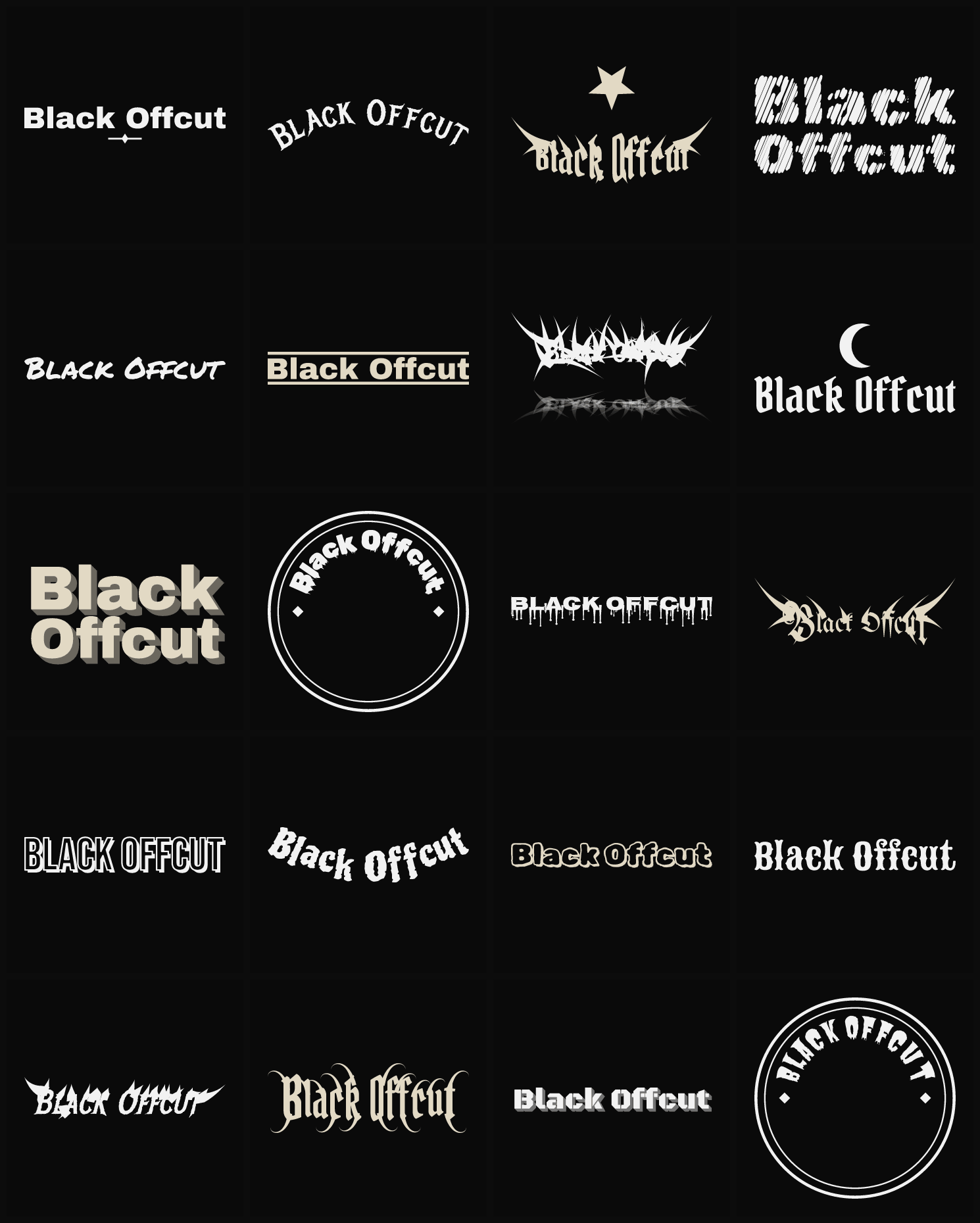 Twenty Black Offcut band logo ideas — different faces, treatments and spike settings