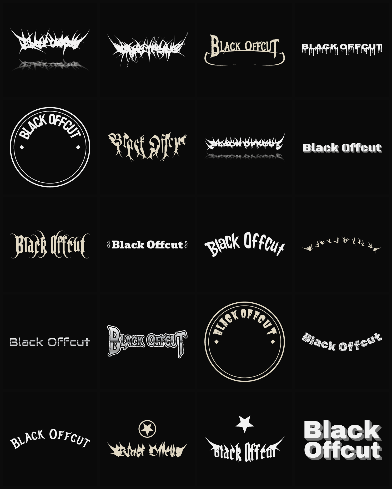 Twenty Black Offcut band logo ideas — different faces, treatments and spike settings