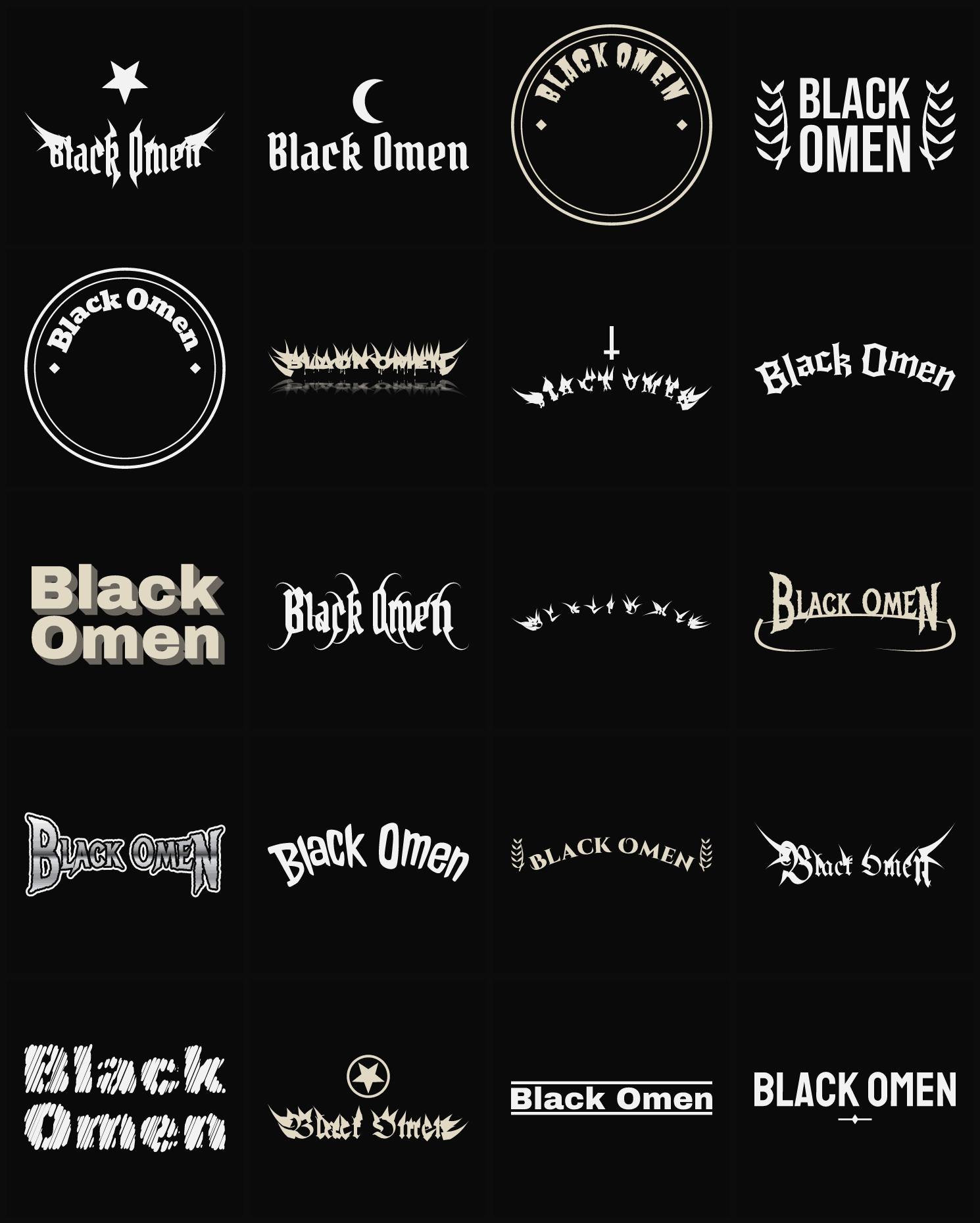 Twenty Black Omen band logo ideas — different faces, treatments and spike settings