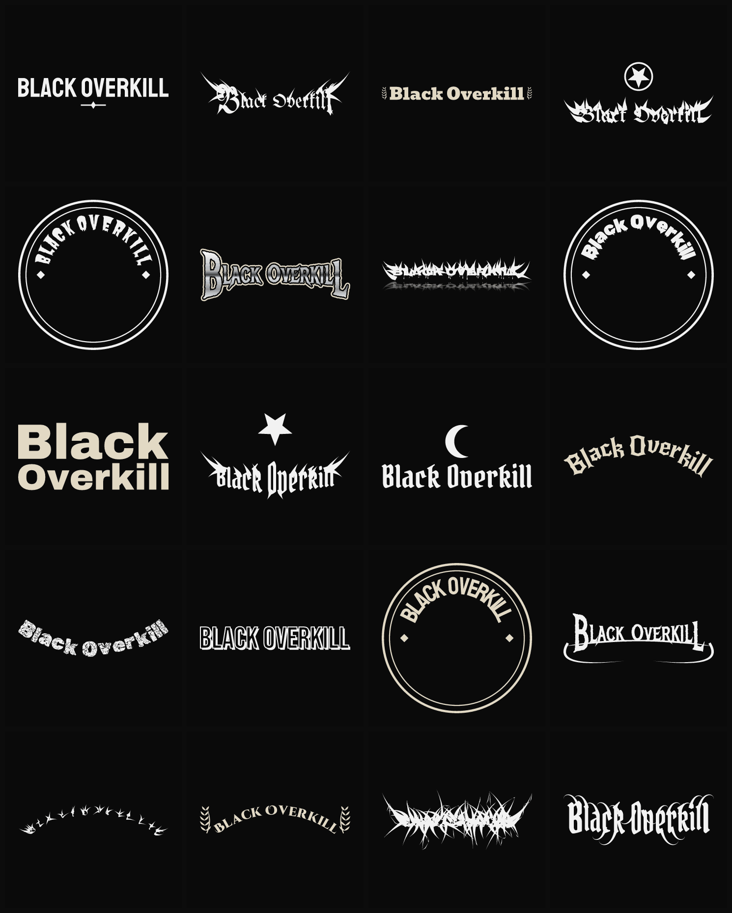 Twenty Black Overkill band logo ideas — different faces, treatments and spike settings