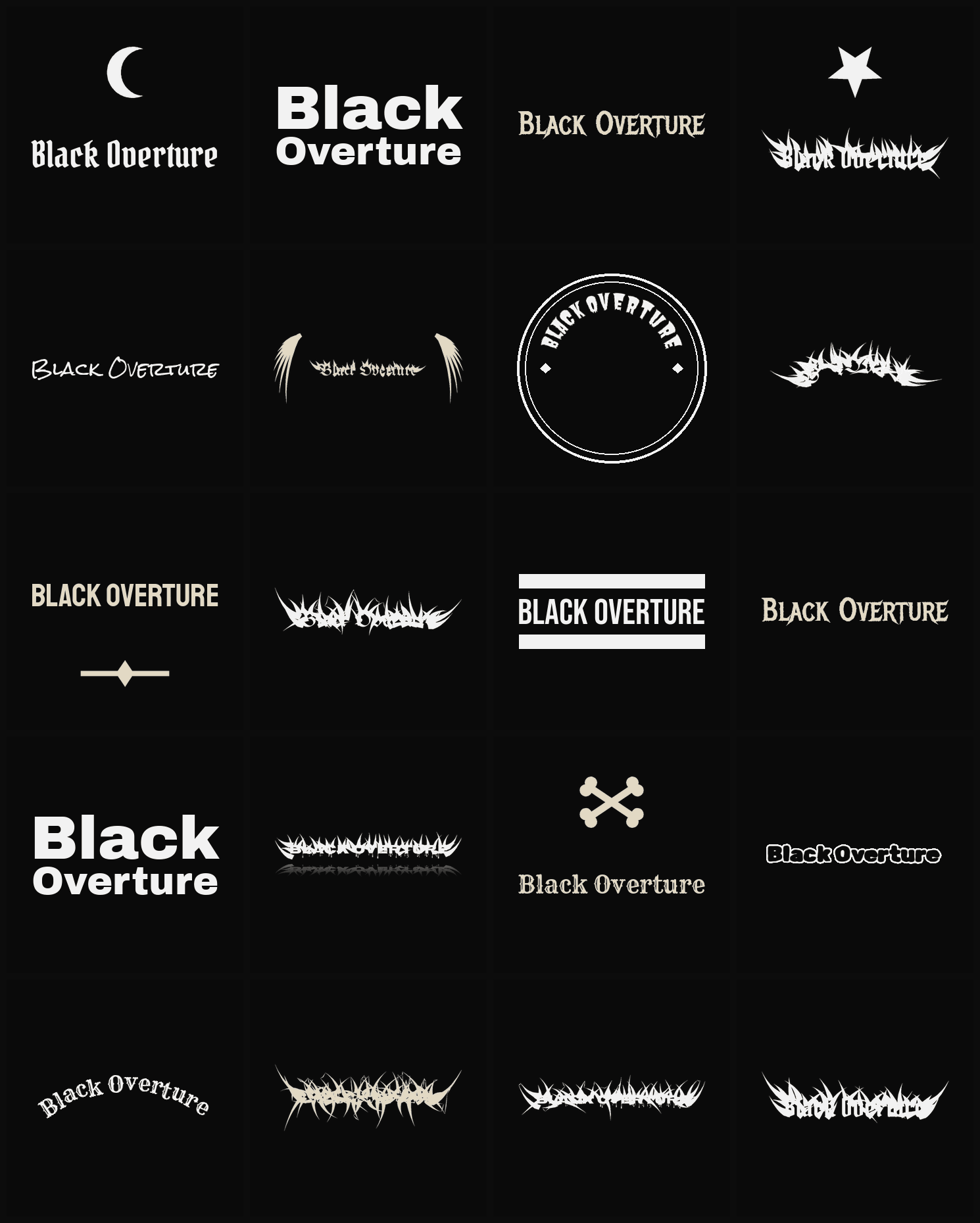 Twenty Black Overture band logo ideas — different faces, treatments and spike settings