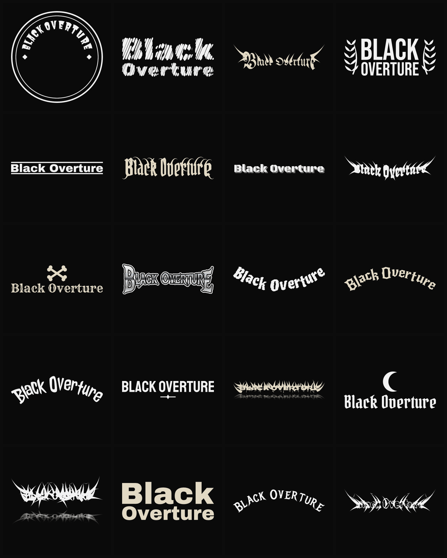 Twenty Black Overture band logo ideas — different faces, treatments and spike settings