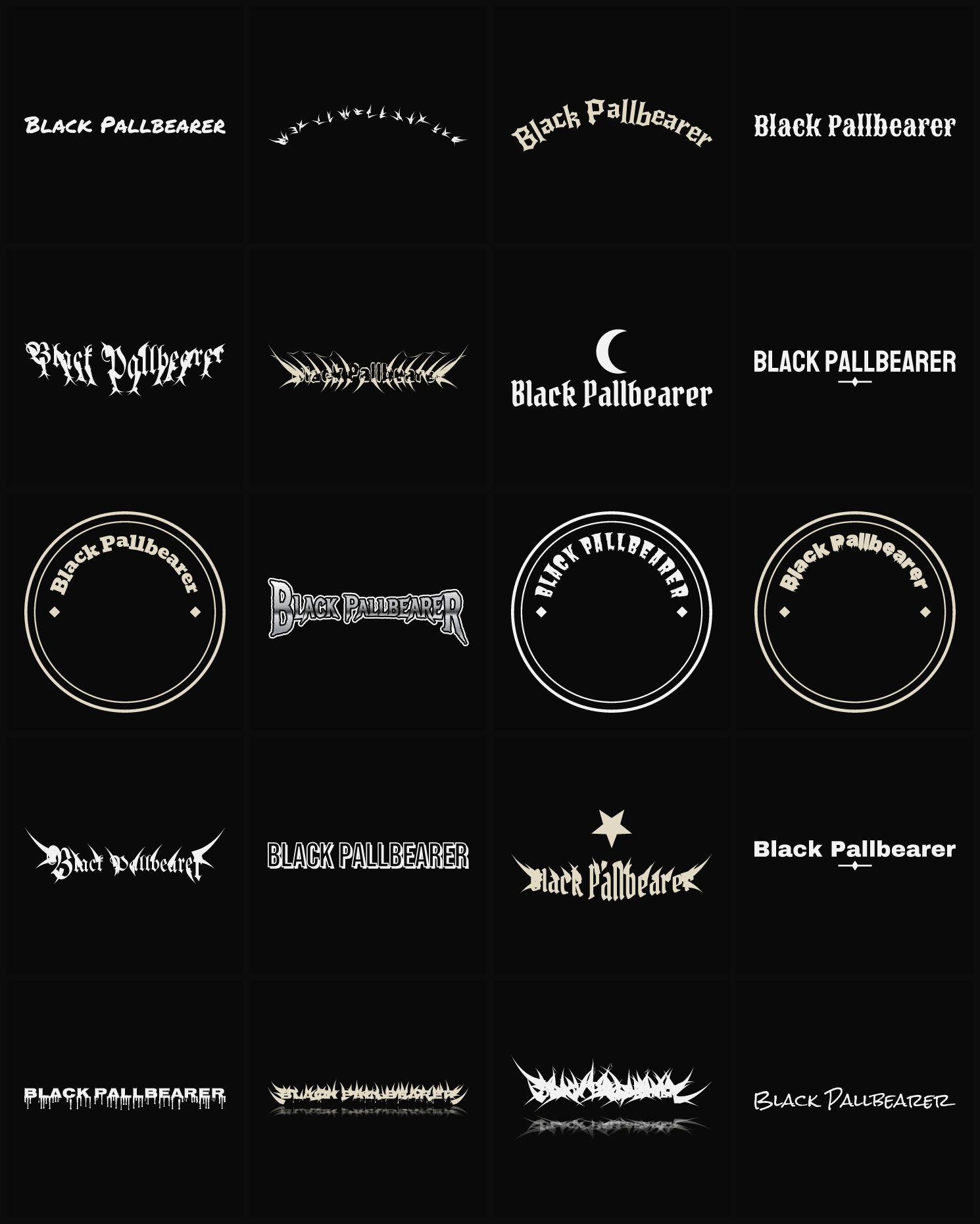 Twenty Black Pallbearer band logo ideas — different faces, treatments and spike settings