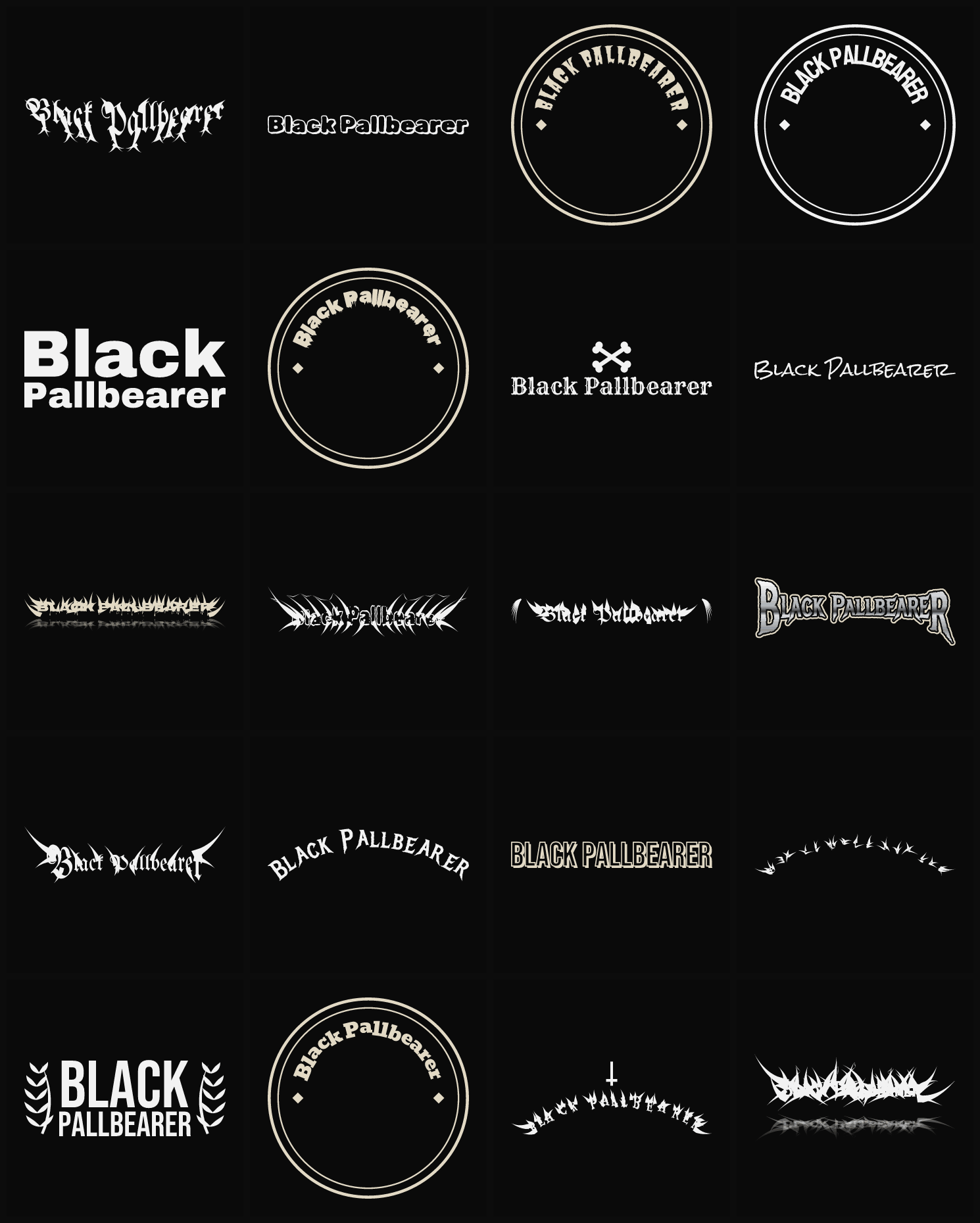 Twenty Black Pallbearer band logo ideas — different faces, treatments and spike settings