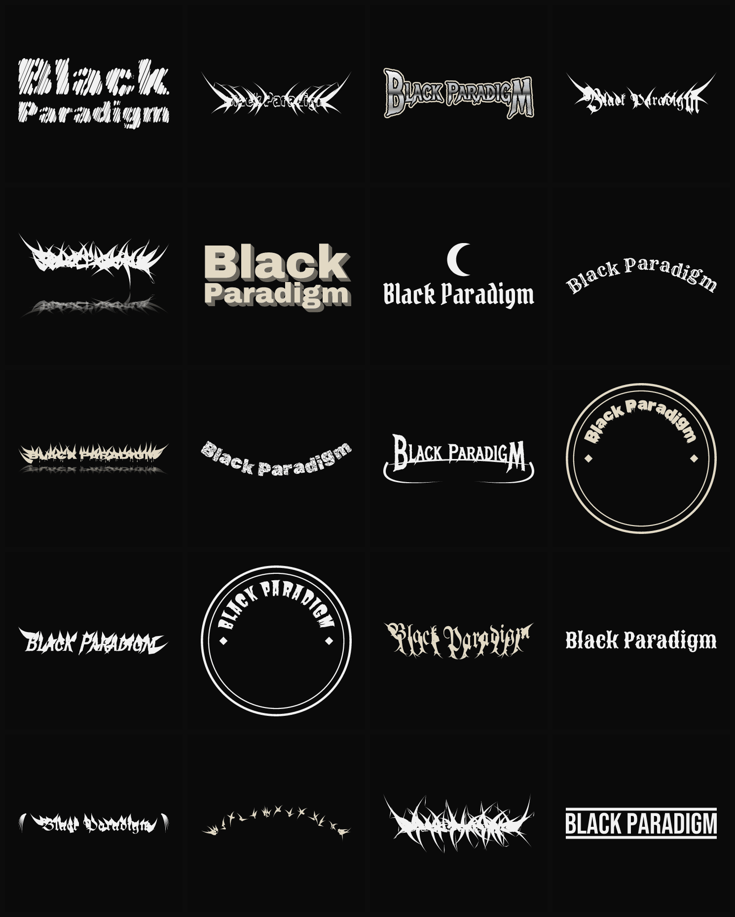 Twenty Black Paradigm band logo ideas — different faces, treatments and spike settings