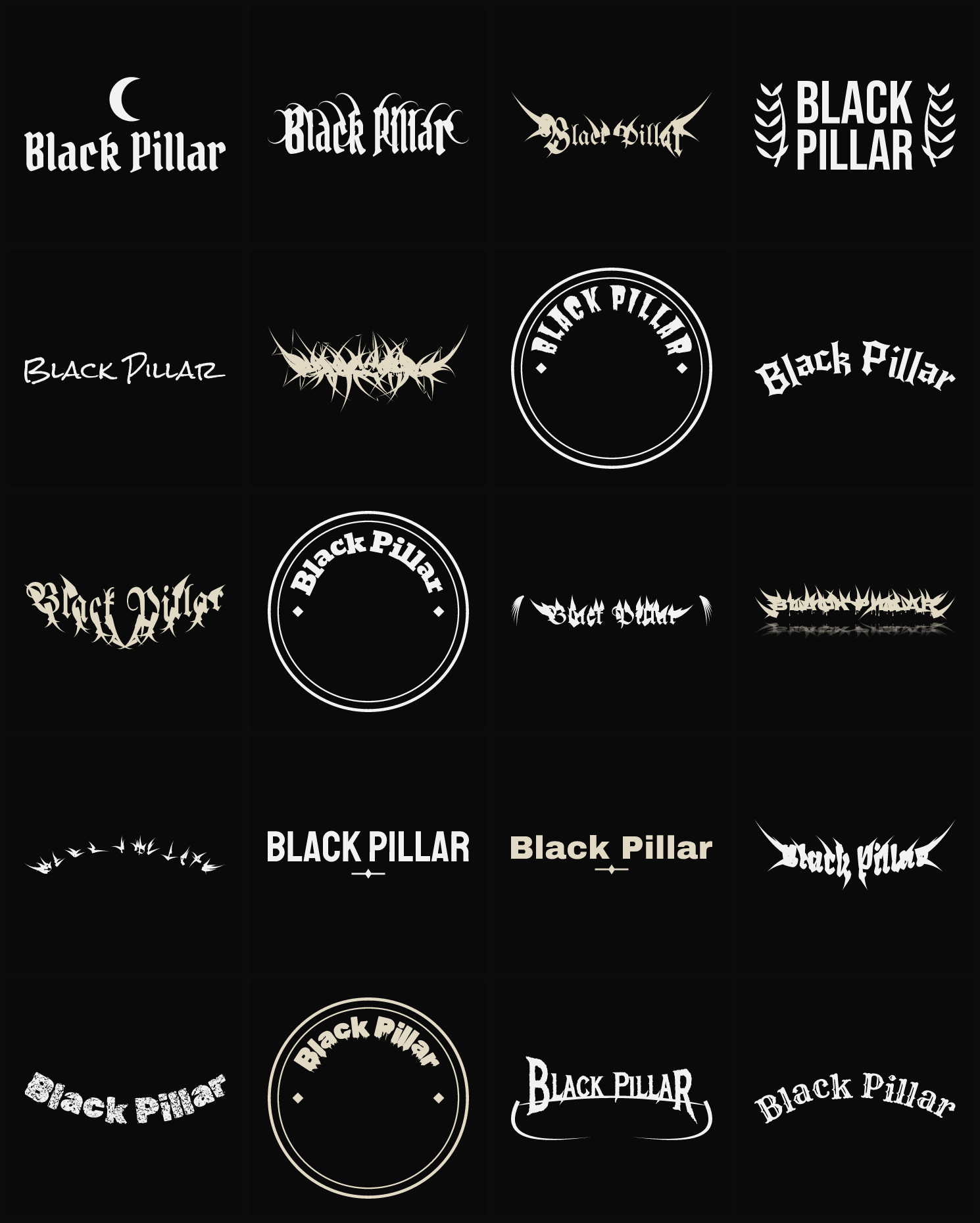 Twenty Black Pillar band logo ideas — different faces, treatments and spike settings