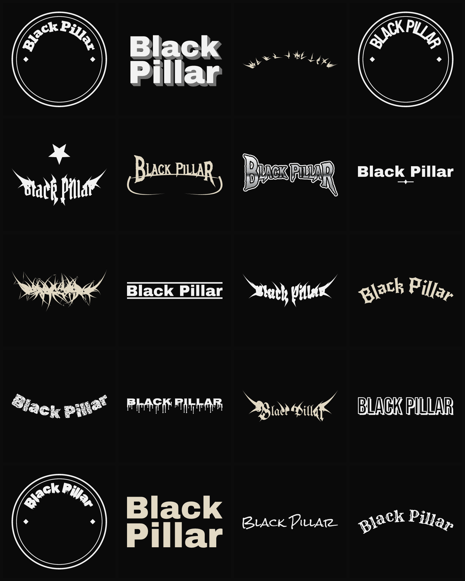 Twenty Black Pillar band logo ideas — different faces, treatments and spike settings