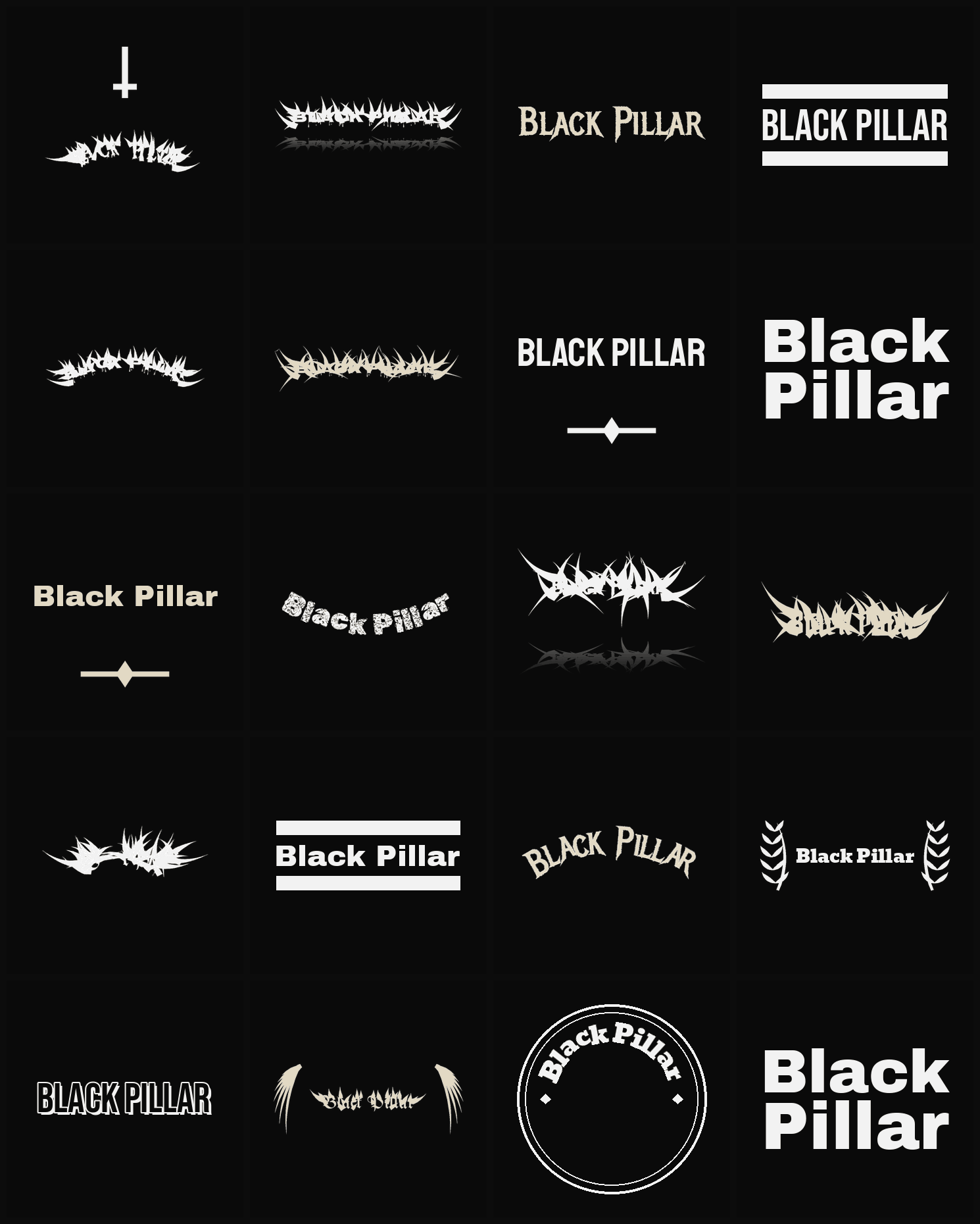 Twenty Black Pillar band logo ideas — different faces, treatments and spike settings