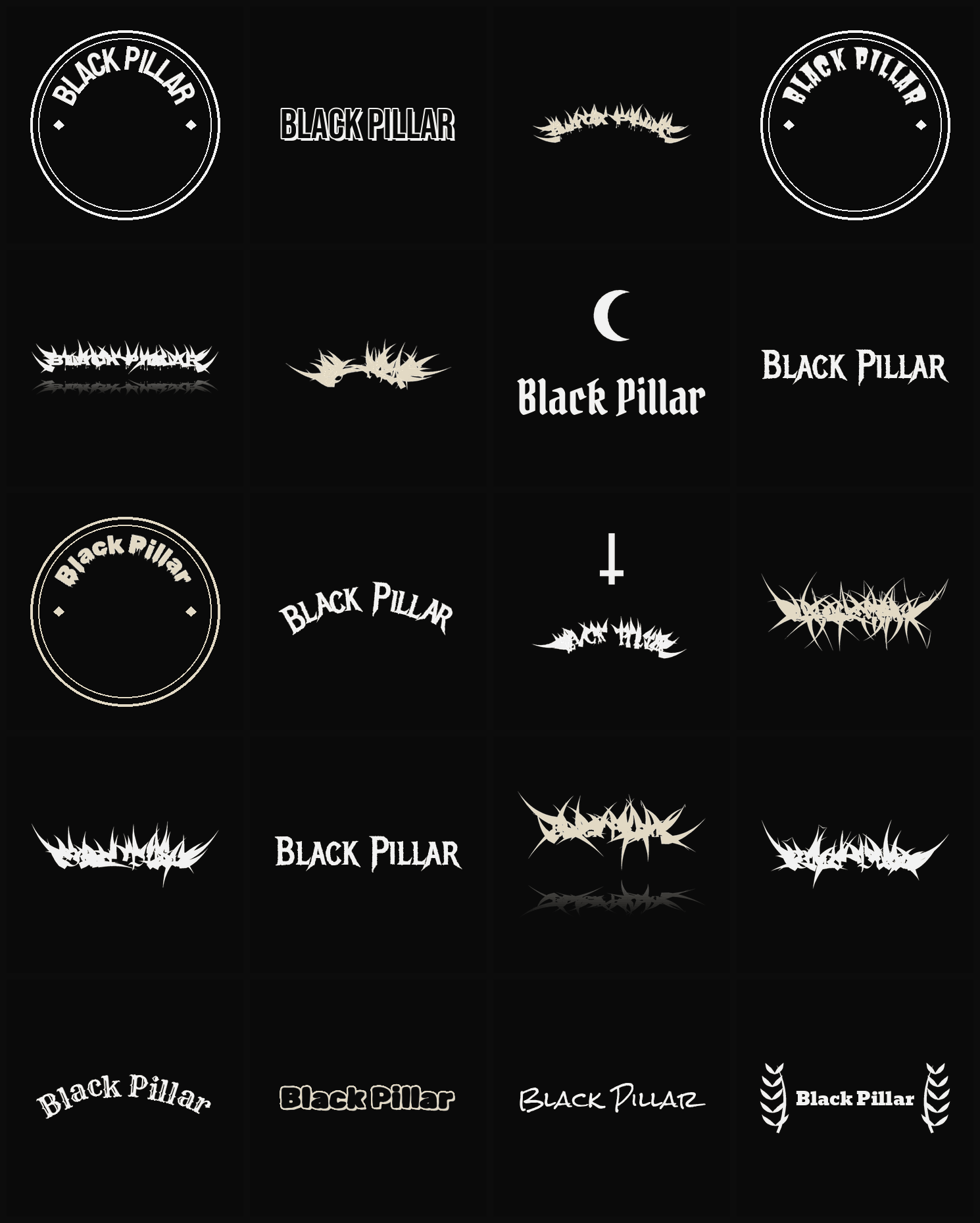 Twenty Black Pillar band logo ideas — different faces, treatments and spike settings