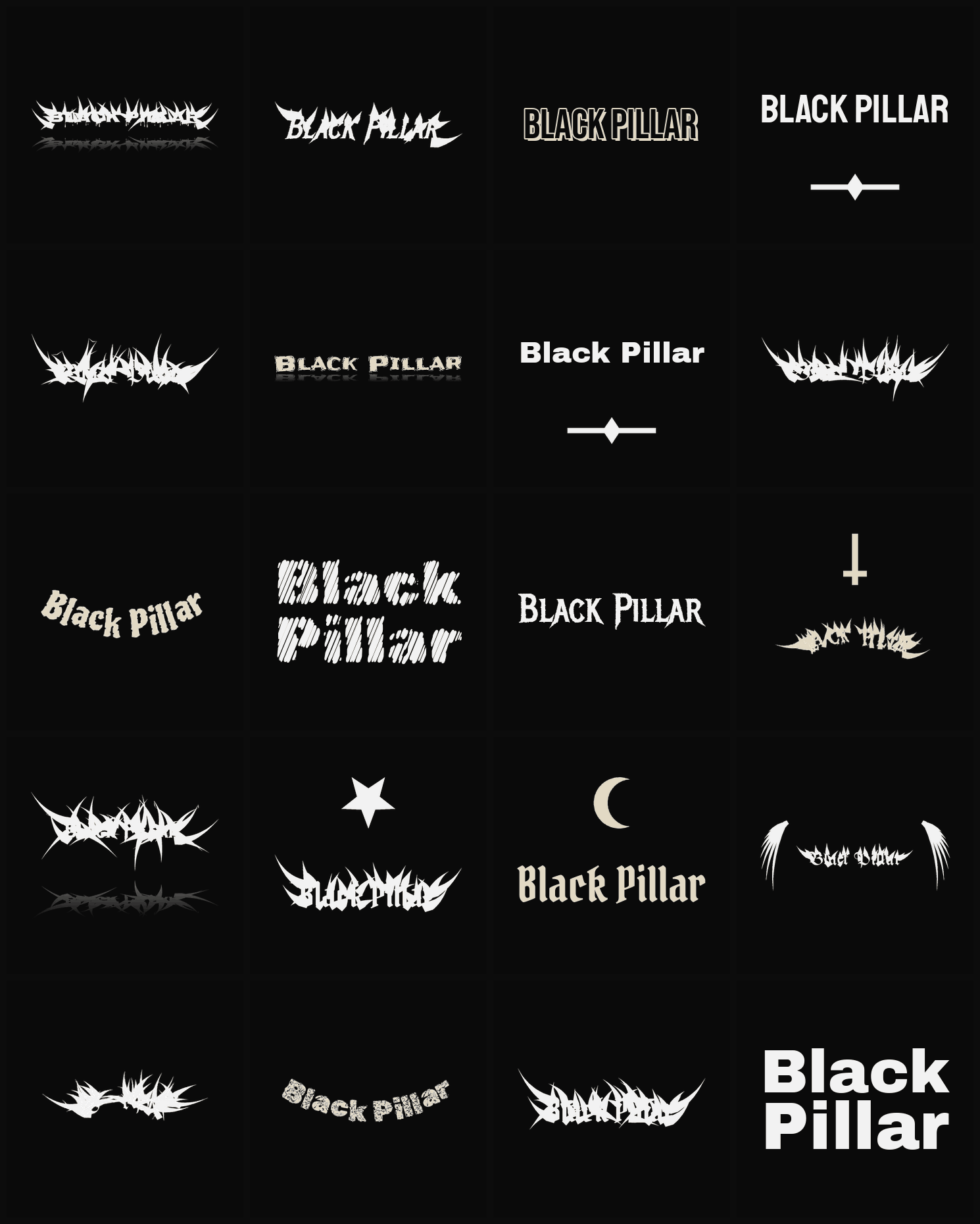 Twenty Black Pillar band logo ideas — different faces, treatments and spike settings