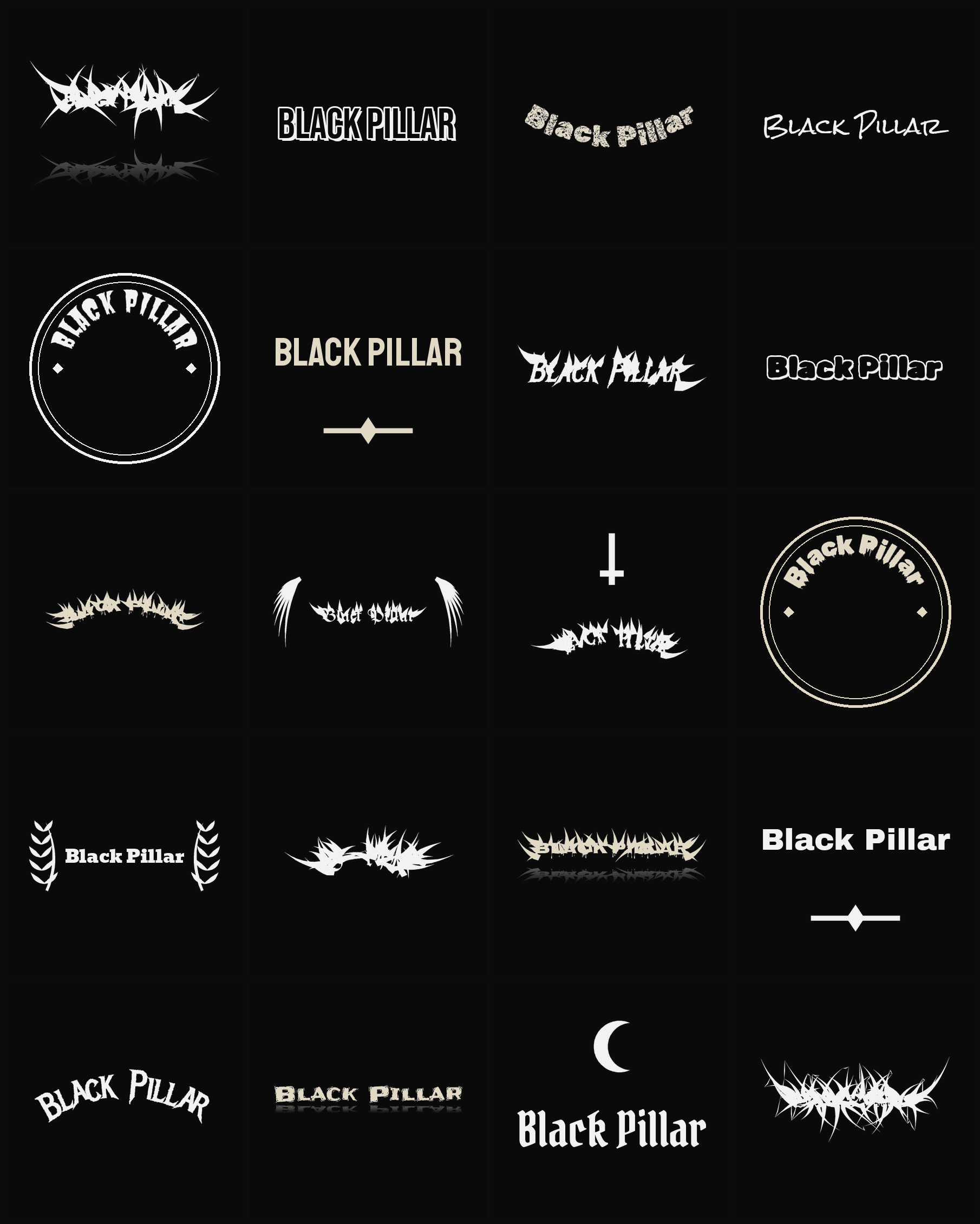 Twenty Black Pillar band logo ideas — different faces, treatments and spike settings