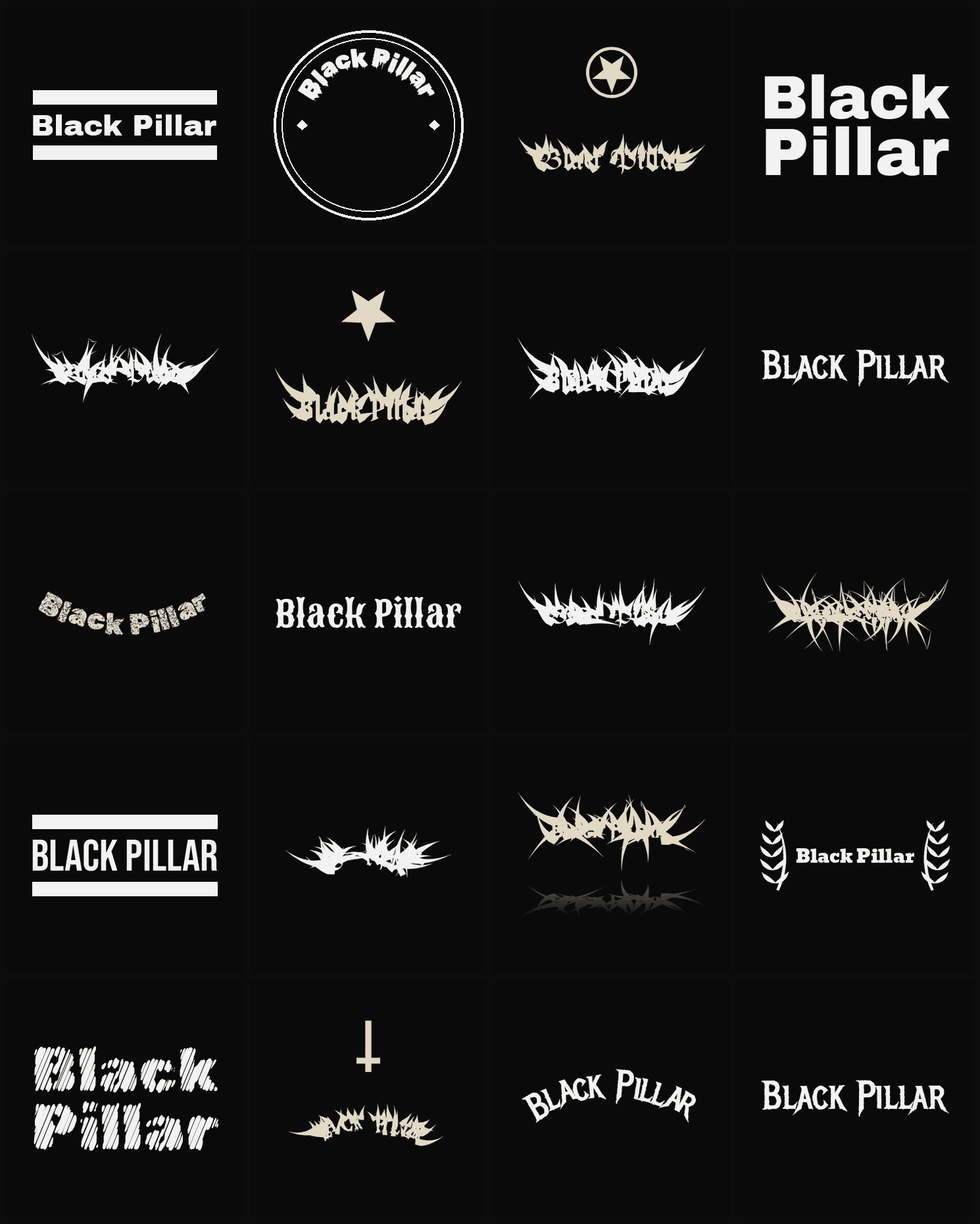 Twenty Black Pillar band logo ideas — different faces, treatments and spike settings
